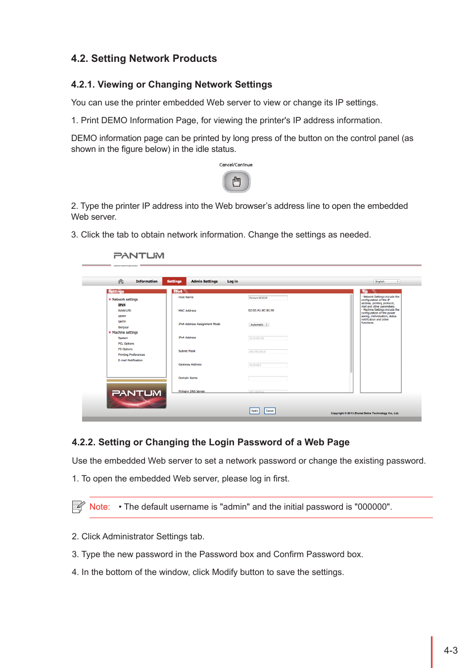 Setting network products, Viewing or changing network settings, Setting network products -3 | Viewing or changing network settings -3 | Pantum P3100DN User Manual | Page 34 / 72