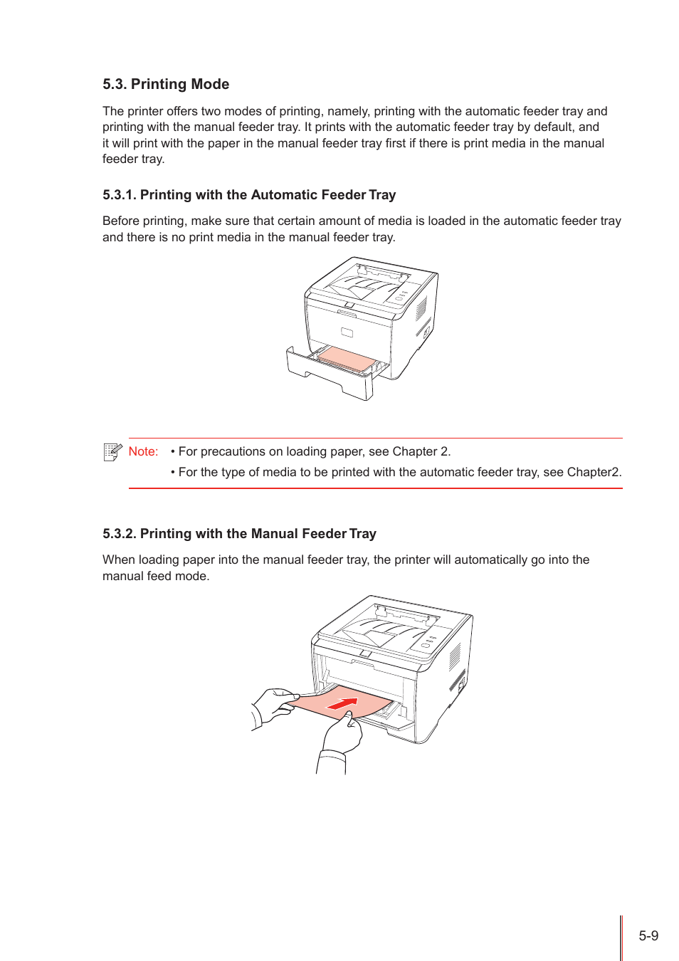 Printing mode, Printing with the automatic feeder tray, Printing with the manual feeder tray | Printing mode -9, Printing with the automatic feeder tray -9, Printing with the manual feeder tray -9 | Pantum P3100DN User Manual | Page 44 / 72