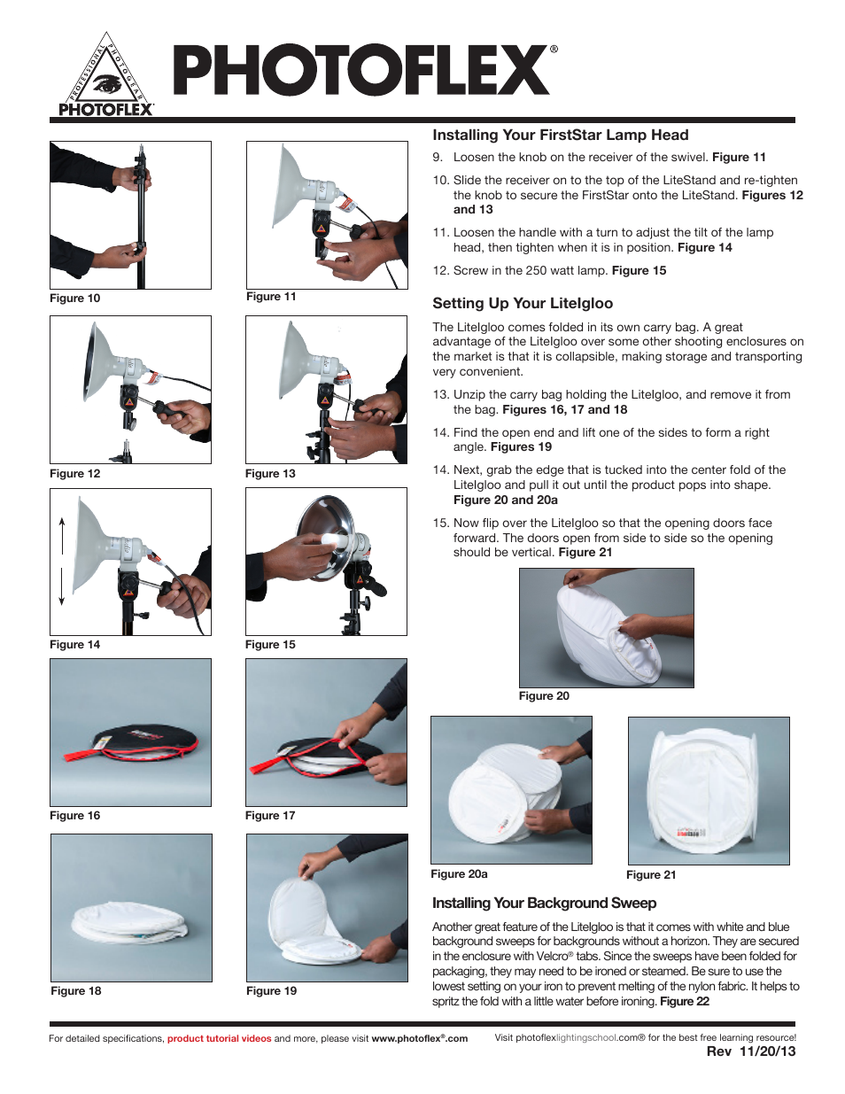 Installing your firststar lamp head, Setting up your liteigloo, Installing your background sweep | Photoflex DP-FSPDKT FirstStudio Product Kit User Manual | Page 2 / 3