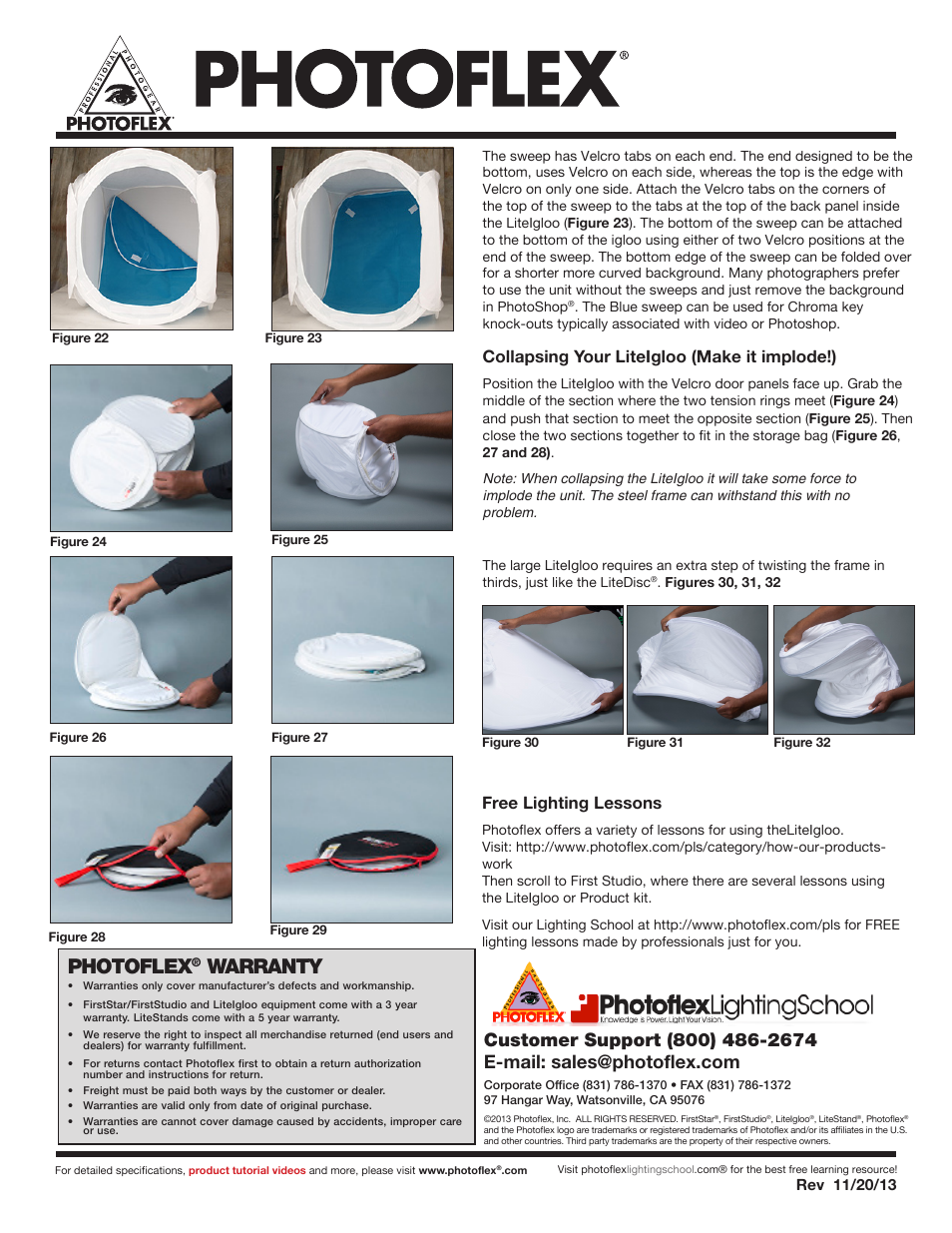 Photoflex, Warranty, Collapsing your liteigloo (make it implode!) | Free lighting lessons | Photoflex DP-FSPDKT FirstStudio Product Kit User Manual | Page 3 / 3