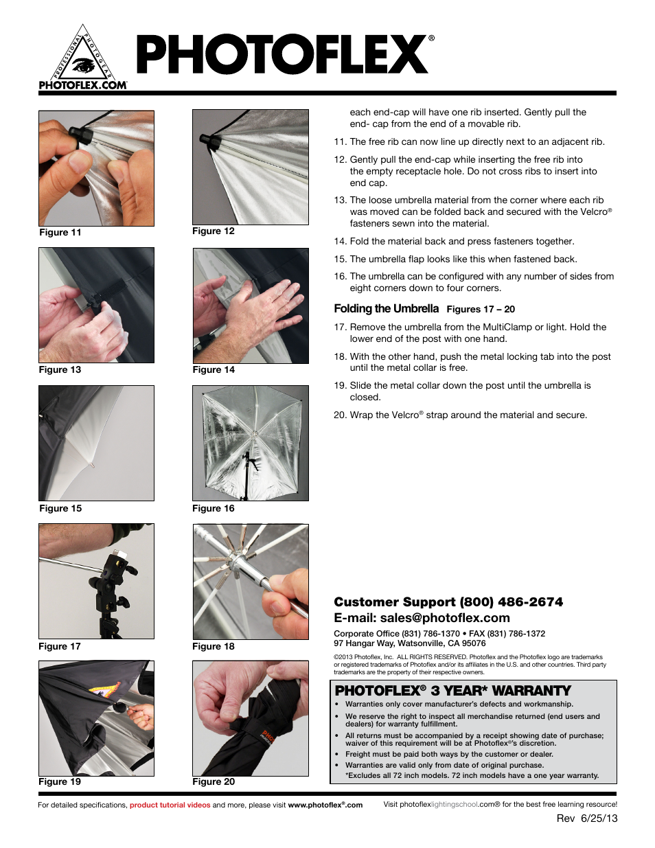 Photoflex, 3 year* warranty, Folding the umbrella | Photoflex UM-ADH45 ADH 45 Silver Adjustable Umbrella User Manual | Page 2 / 3