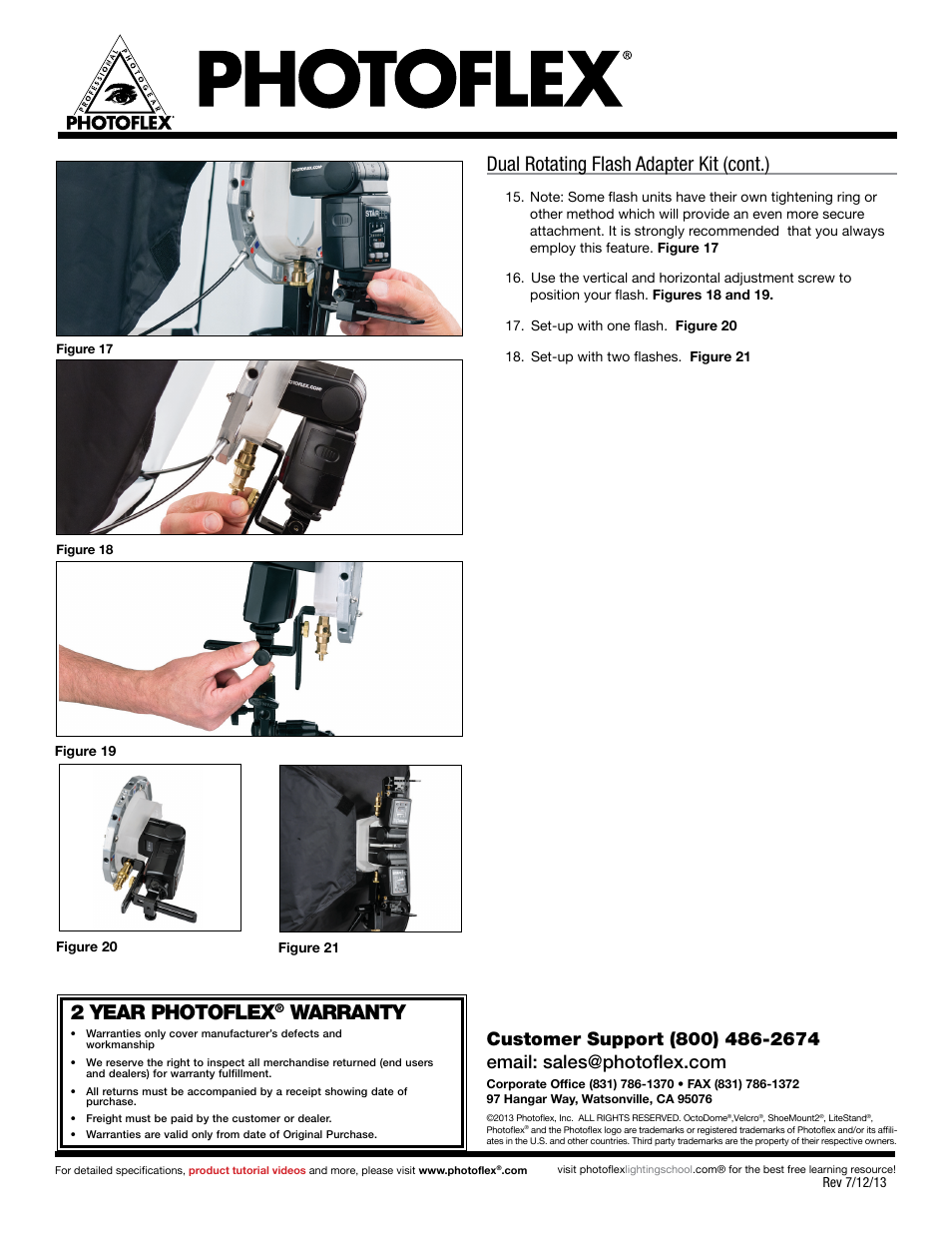 2 year photoflex, Warranty, Dual rotating flash adapter kit (cont.) | Photoflex AC-ADJSMHWRE Adjustable ShoeMount Rotating Hardware User Manual | Page 3 / 3
