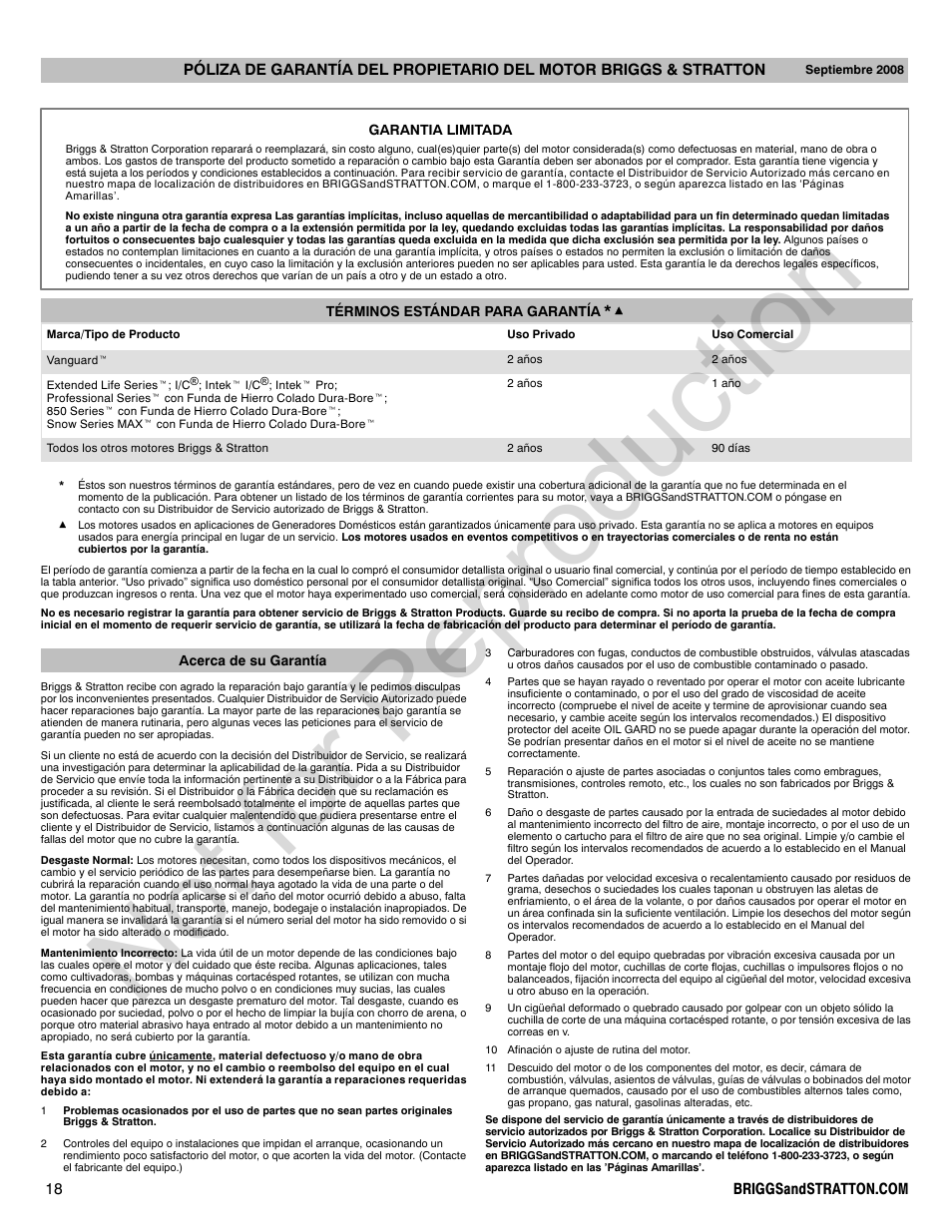 Not for reproduction | Briggs & Stratton 240000 User Manual | Page 18 / 28