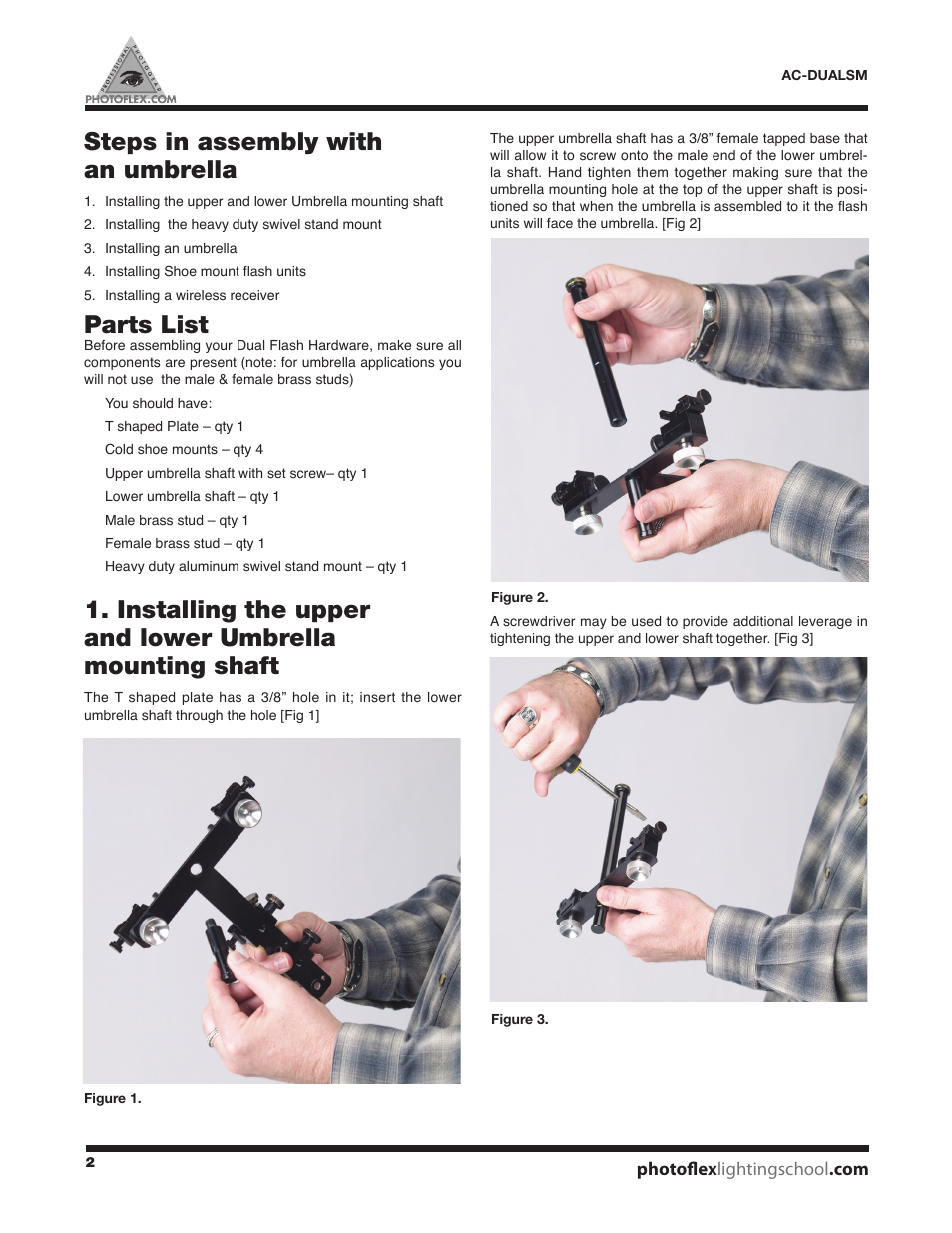 Steps in assembly with an umbrella, Parts list | Photoflex AC-DUALSMKT DualFlash Adapter Kit User Manual | Page 2 / 8