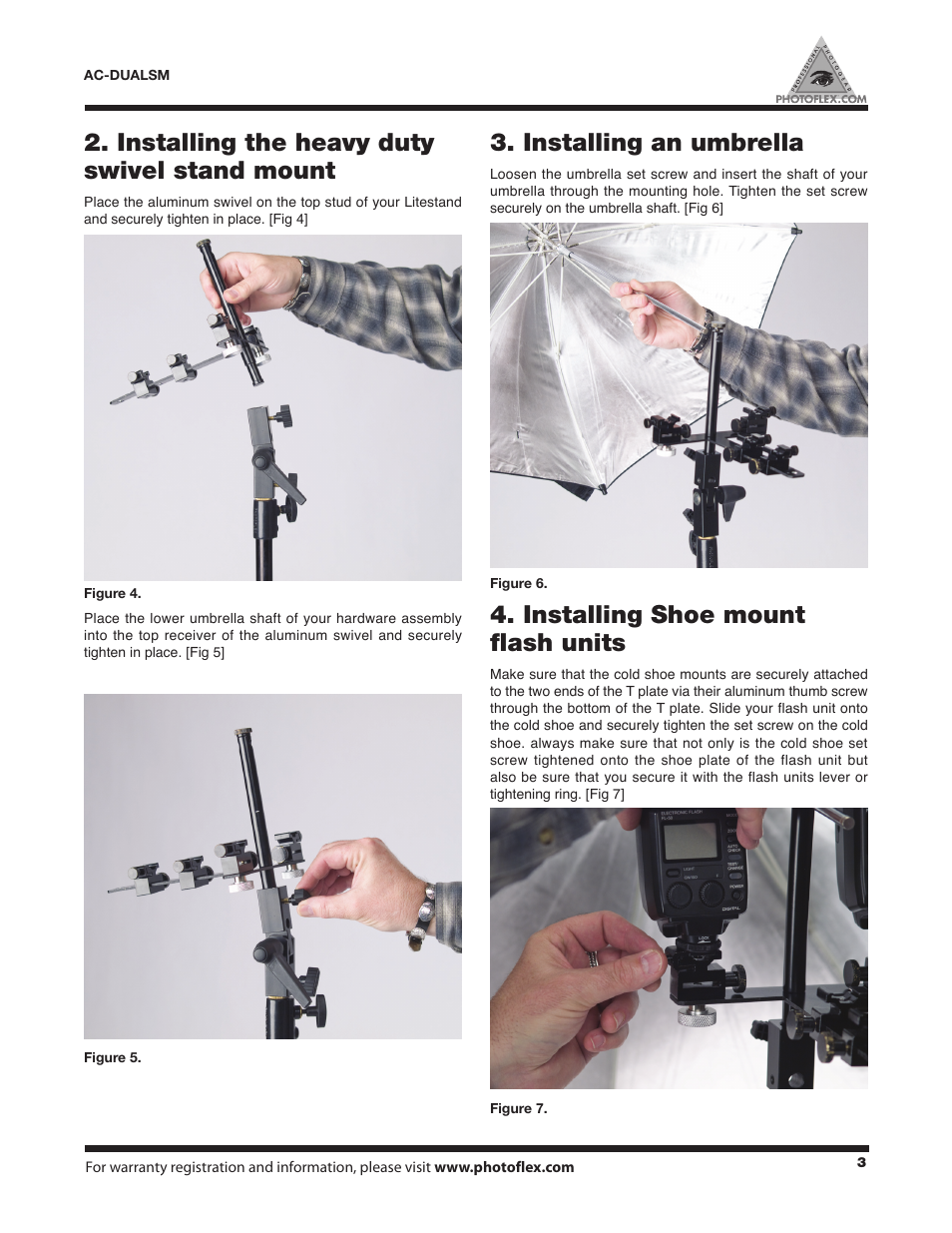 Installing the heavy duty swivel stand mount, Installing an umbrella, Installing shoe mount flash units | Photoflex AC-DUALSMKT DualFlash Adapter Kit User Manual | Page 3 / 8