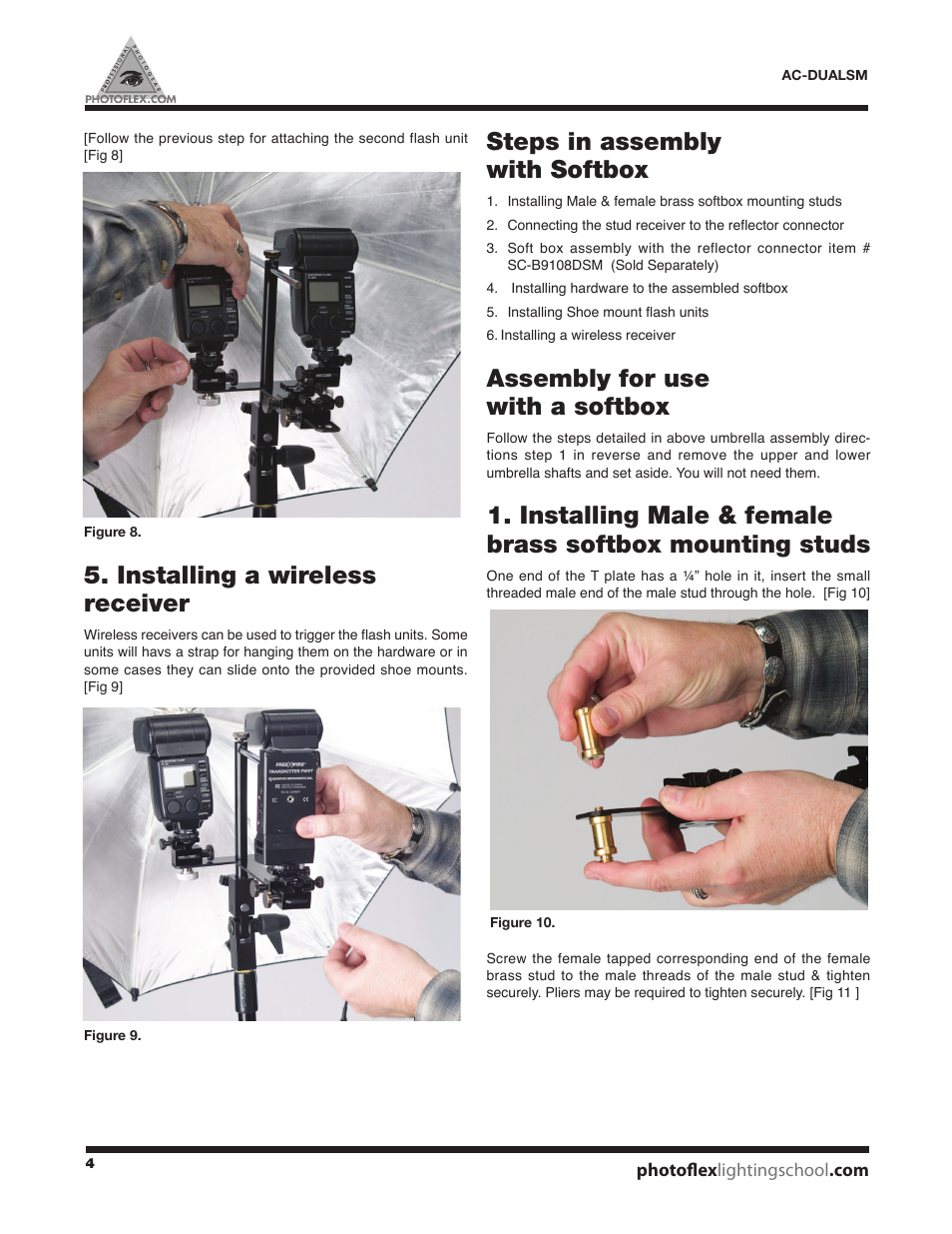 Installing a wireless receiver, Steps in assembly with softbox, Assembly for use with a softbox | Photoflex AC-DUALSMKT DualFlash Adapter Kit User Manual | Page 4 / 8