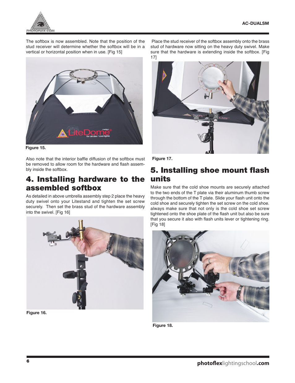 Installing hardware to the assembled softbox, Installing shoe mount flash units | Photoflex AC-DUALSMKT DualFlash Adapter Kit User Manual | Page 6 / 8