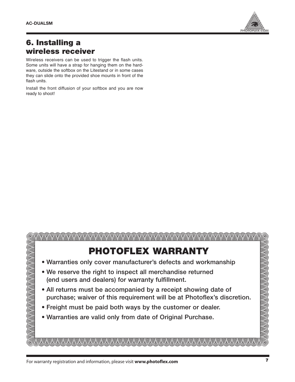 Photoflex warranty, Installing a wireless receiver | Photoflex AC-DUALSMKT DualFlash Adapter Kit User Manual | Page 7 / 8