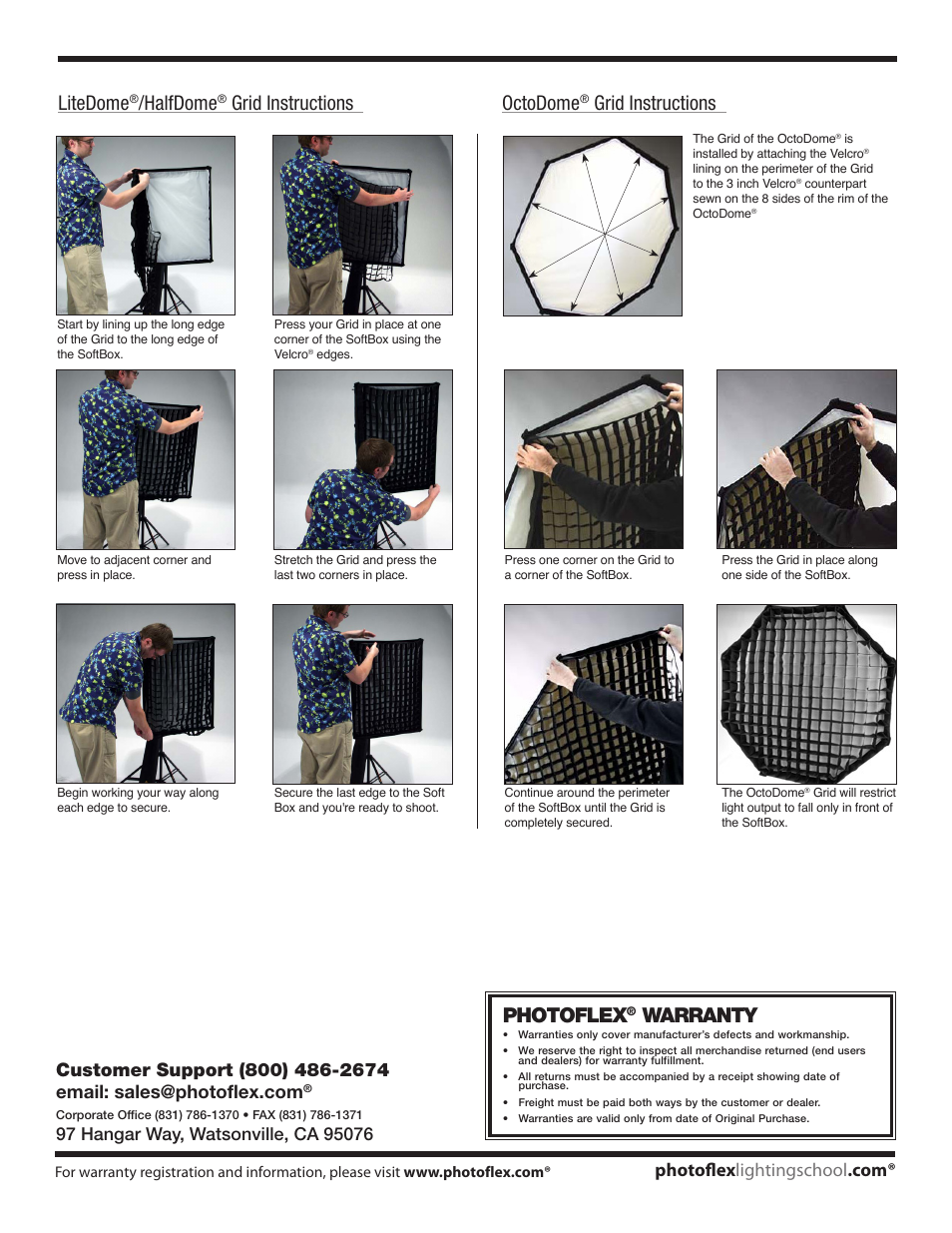 Photoflex, Warranty, Litedome | Halfdome, Grid instructions octodome, Grid instructions | Photoflex AC-HDGRIDS Small SoftBox Grids for HalfDome User Manual | Page 2 / 2