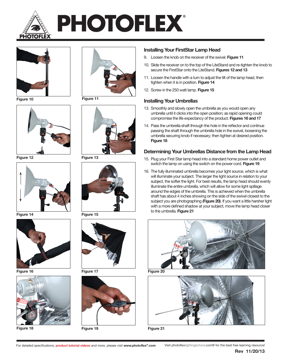 Installing your firststar lamp head, Installing your umbrellas | Photoflex DP-FSPTKT FirstStudio Portrait Kit User Manual | Page 2 / 3