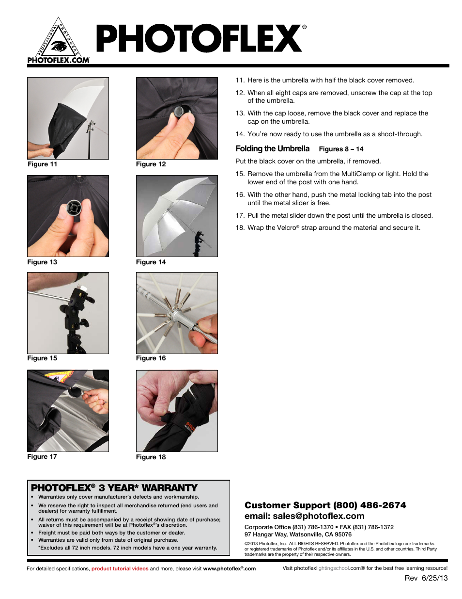 Photoflex, 3 year* warranty, Folding the umbrella | Photoflex UM-RUT60 RUT 60 White Convertible Umbrella User Manual | Page 2 / 3