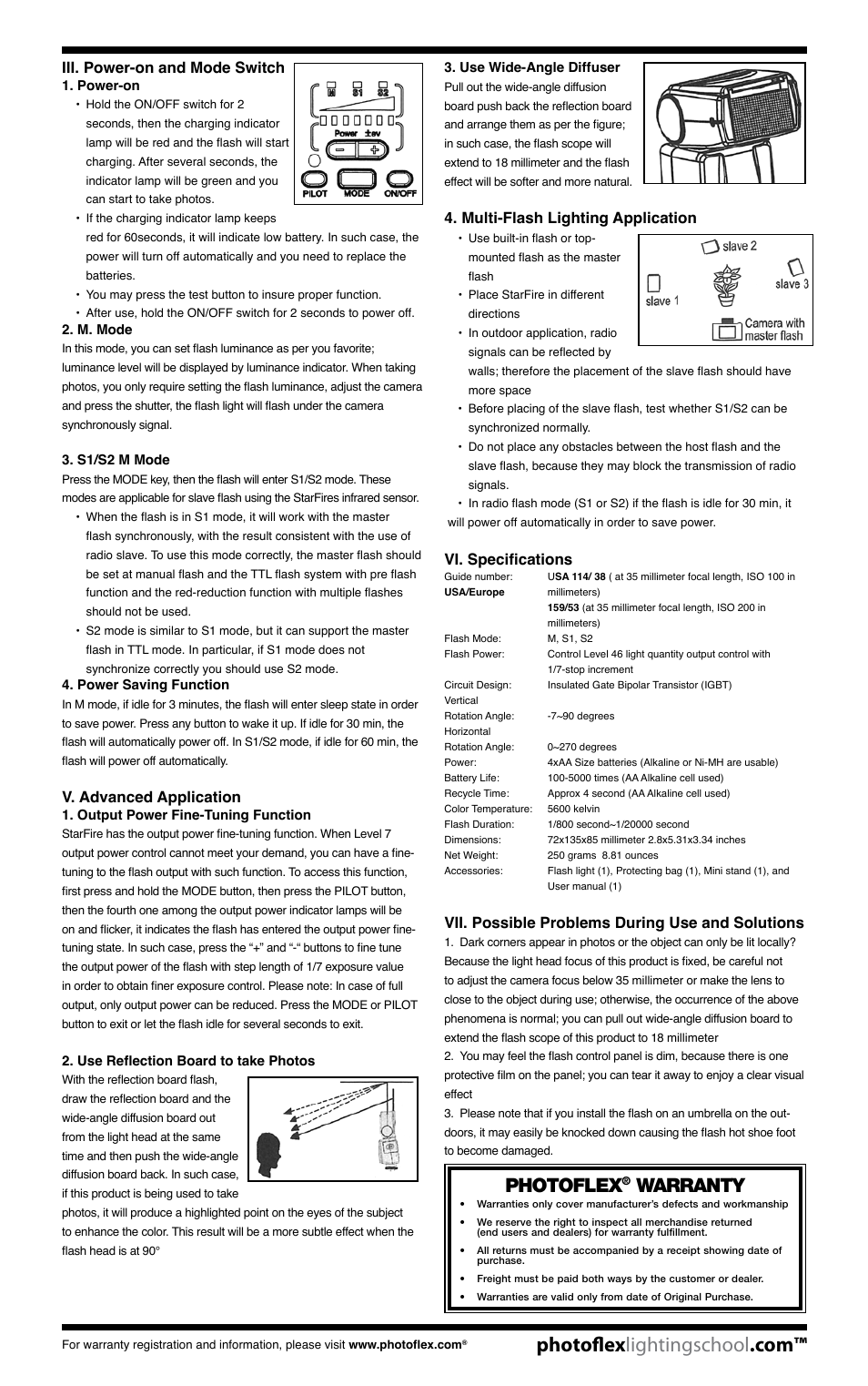 Photoflex, Warranty, Iii. power-on and mode switch | V. advanced application, Multi-flash lighting application, Vi. specifications, Vii. possible problems during use and solutions | Photoflex AC-STARFIRE StarFire: Digital Flash User Manual | Page 2 / 2