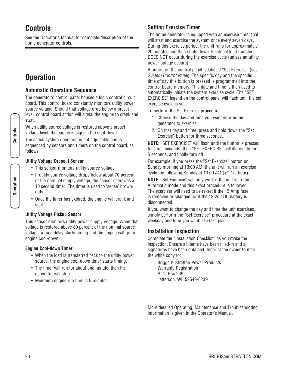 Controls, Operation | Briggs & Stratton 202826GS User Manual | Page 20 / 56