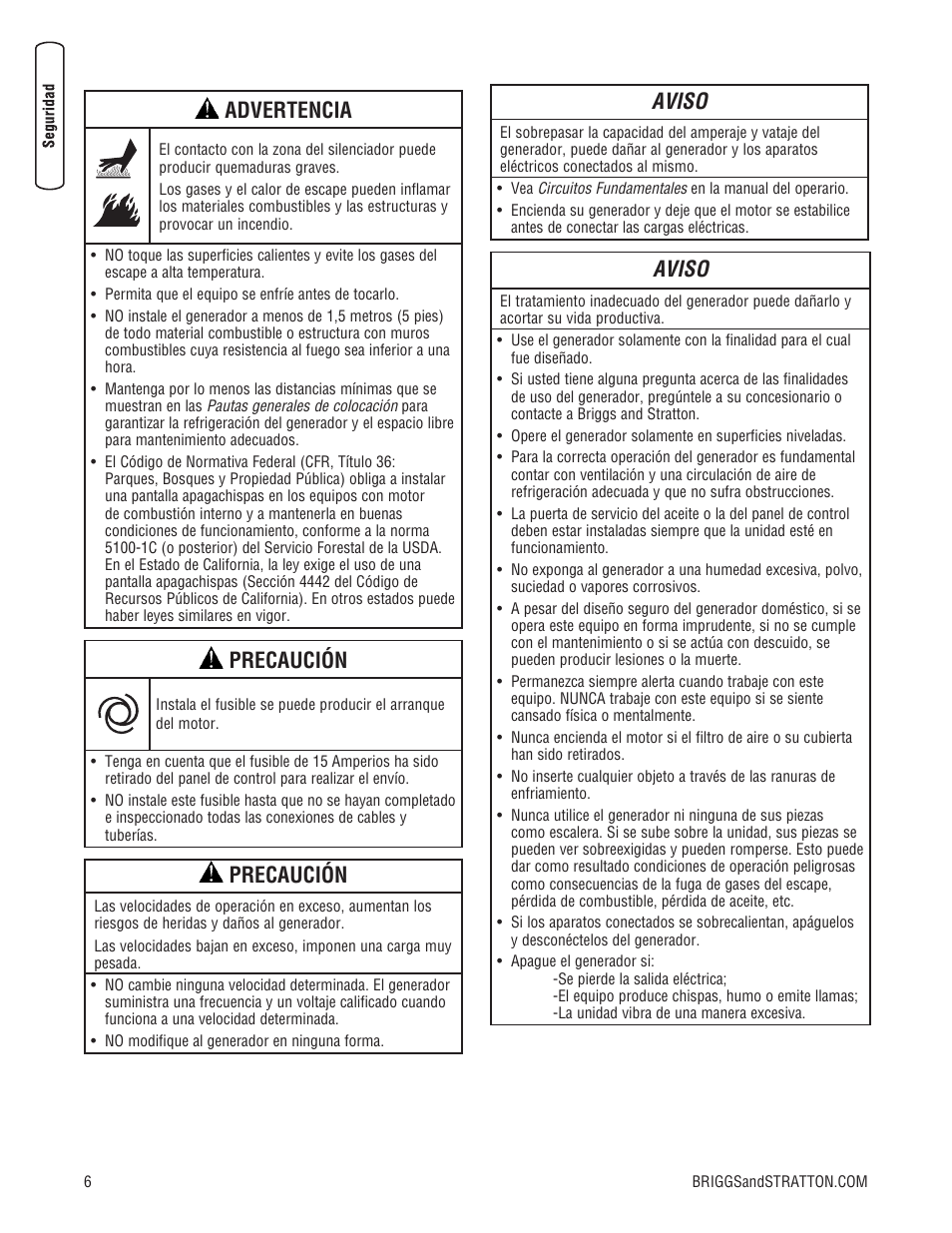 Advertencia, Precaución, Aviso | Briggs & Stratton 202826GS User Manual | Page 26 / 56