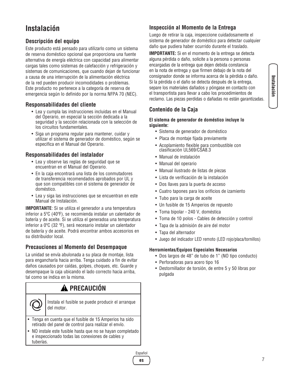 Instalación, Precaución | Briggs & Stratton 202826GS User Manual | Page 27 / 56