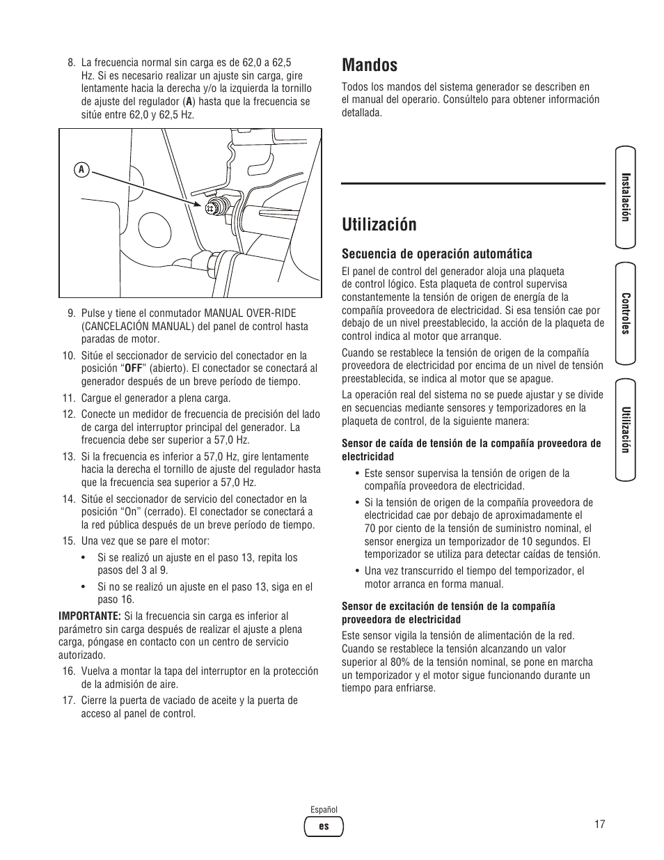 Mandos, Utilización | Briggs & Stratton 202826GS User Manual | Page 37 / 56