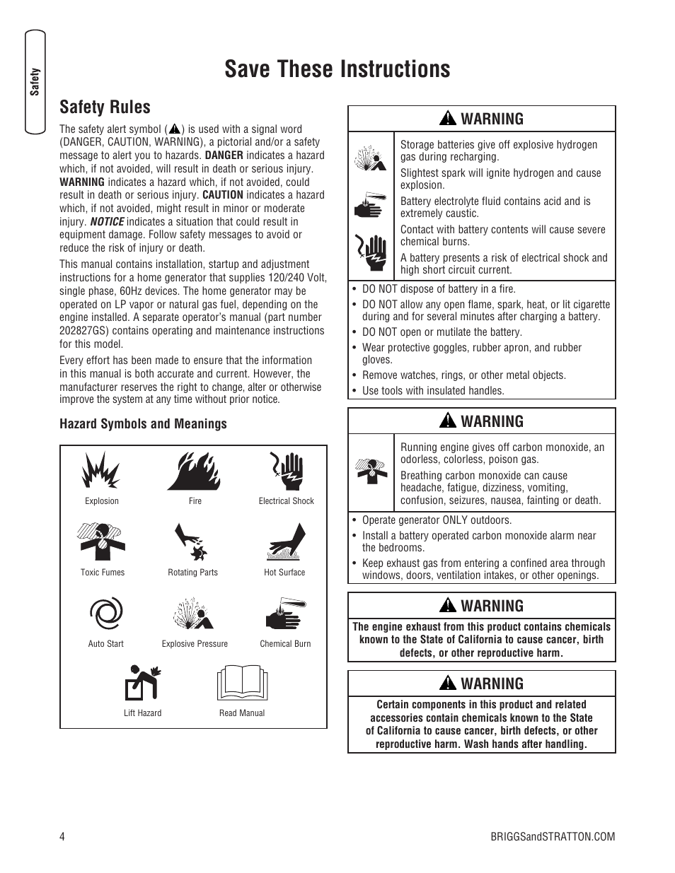 Save these instructions, Safety rules, Warning | Briggs & Stratton 202826GS User Manual | Page 4 / 56