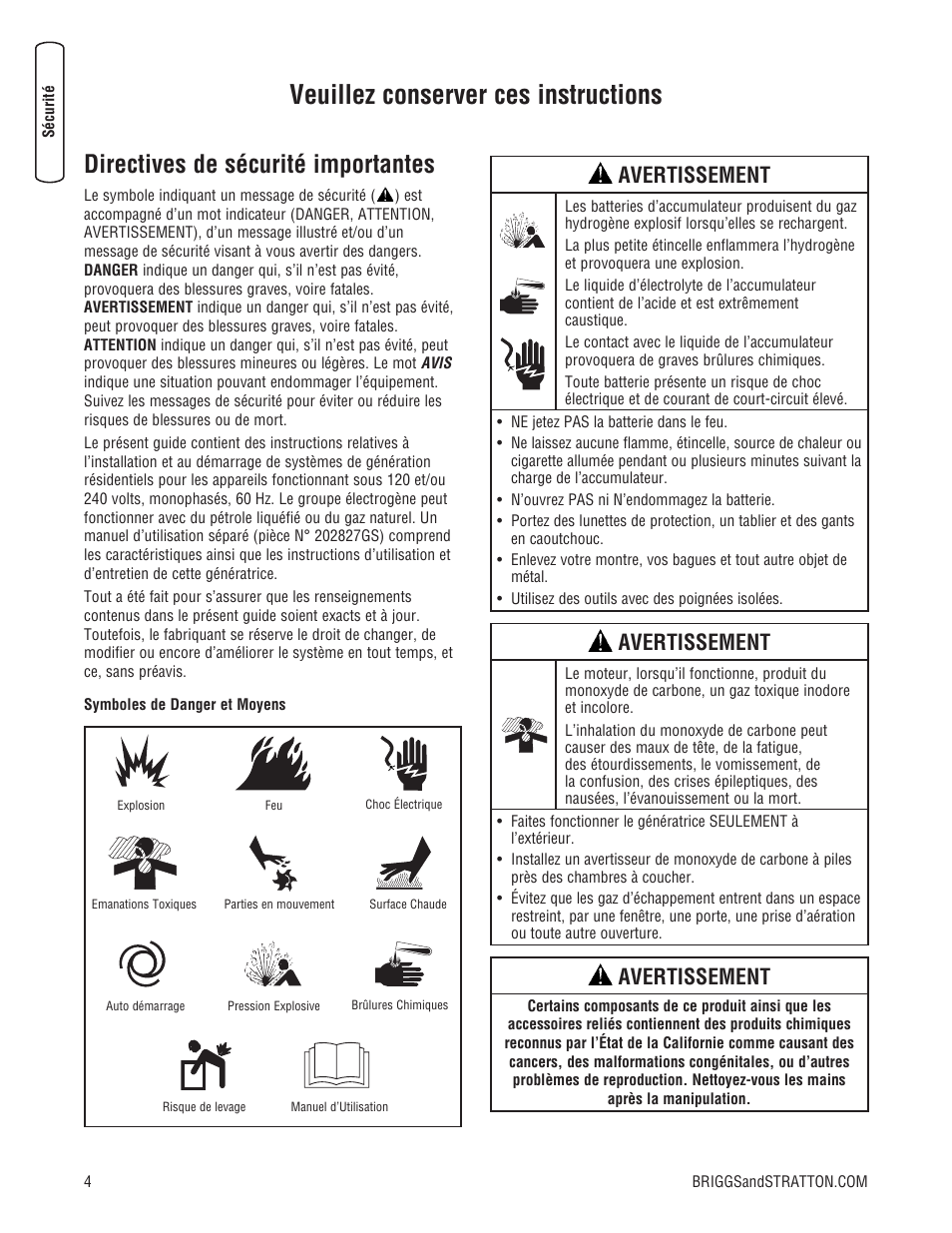 Veuillez conserver ces instructions, Directives de sécurité importantes, Avertissement | Briggs & Stratton 202826GS User Manual | Page 42 / 56