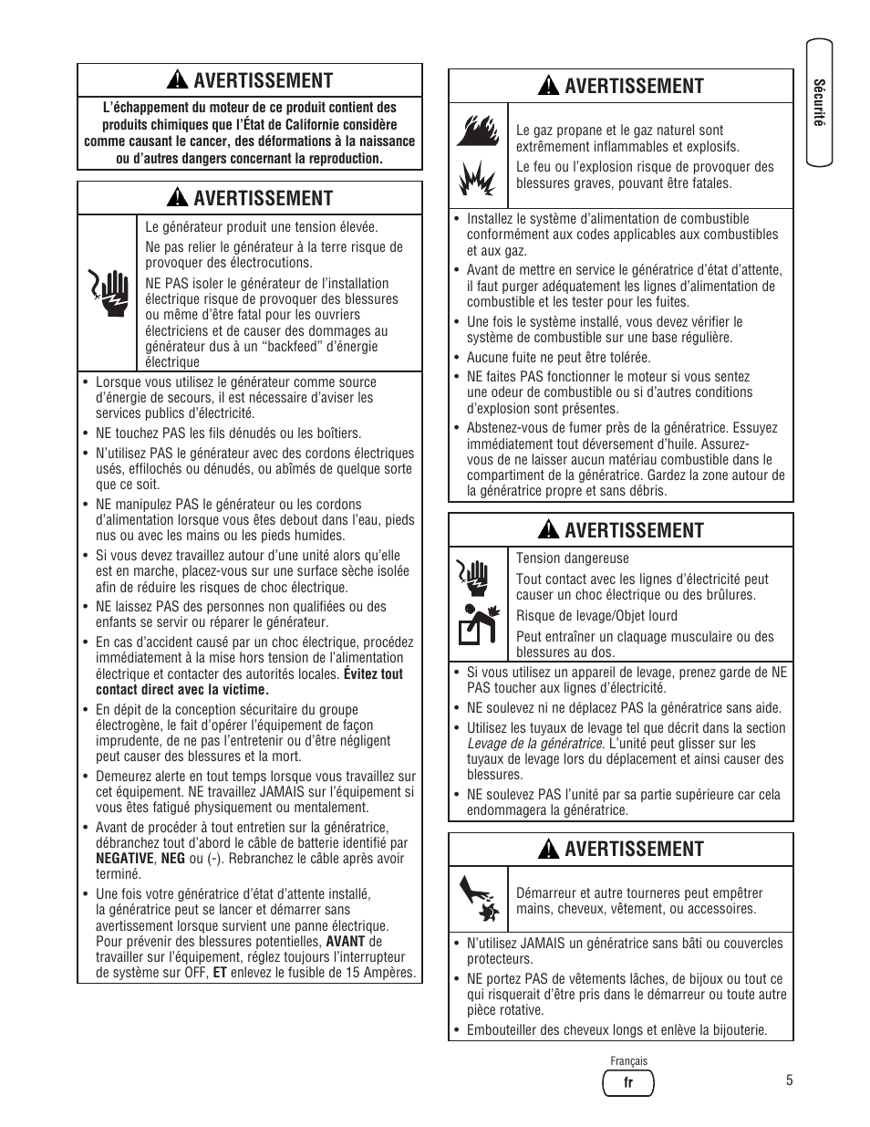 Avertissement | Briggs & Stratton 202826GS User Manual | Page 43 / 56