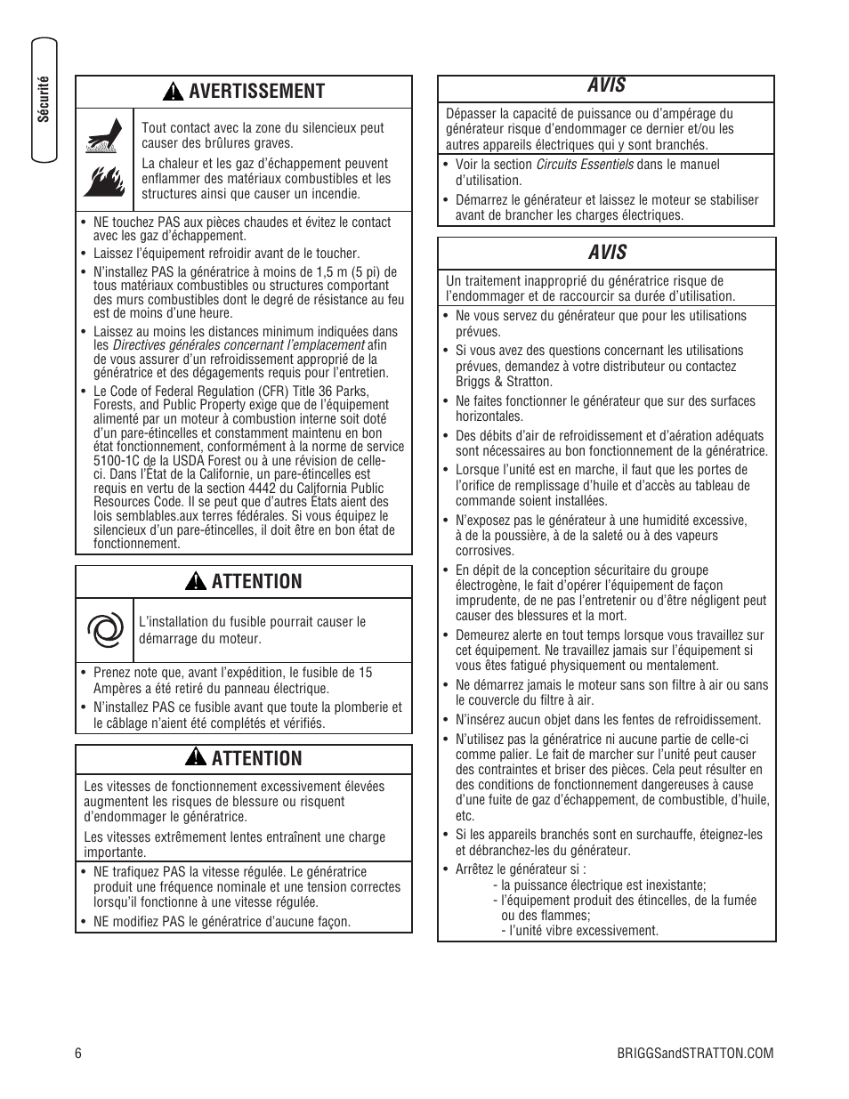 Avertissement, Attention, Avis | Briggs & Stratton 202826GS User Manual | Page 44 / 56