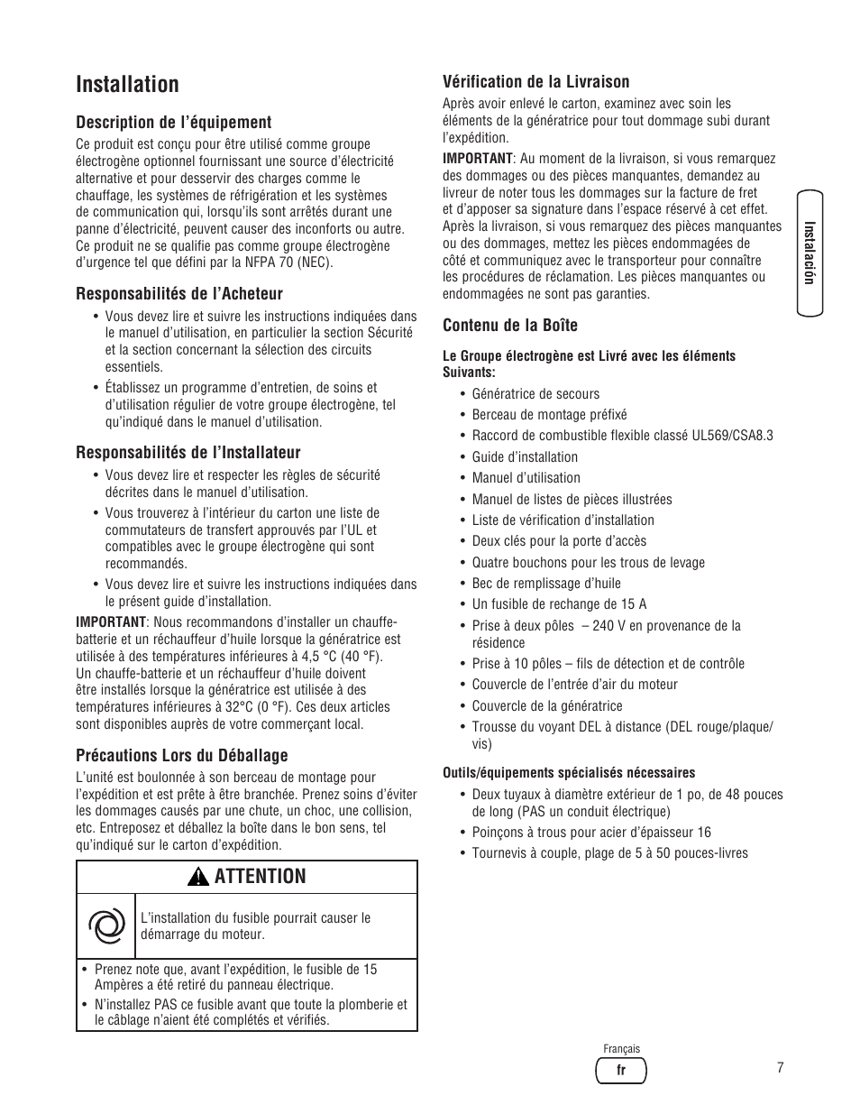 Installation, Attention | Briggs & Stratton 202826GS User Manual | Page 45 / 56