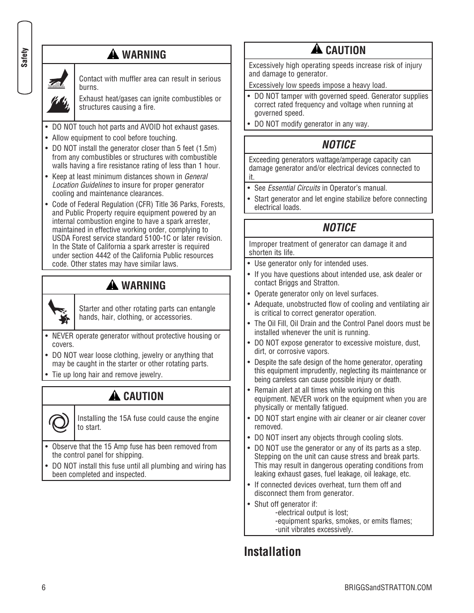 Installation, Warning, Caution | Notice | Briggs & Stratton 202826GS User Manual | Page 6 / 56