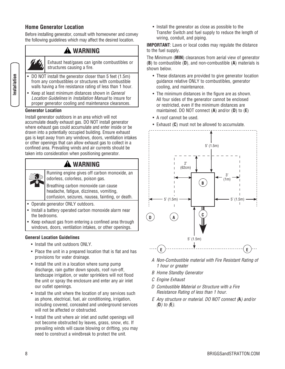 Warning | Briggs & Stratton 202826GS User Manual | Page 8 / 56