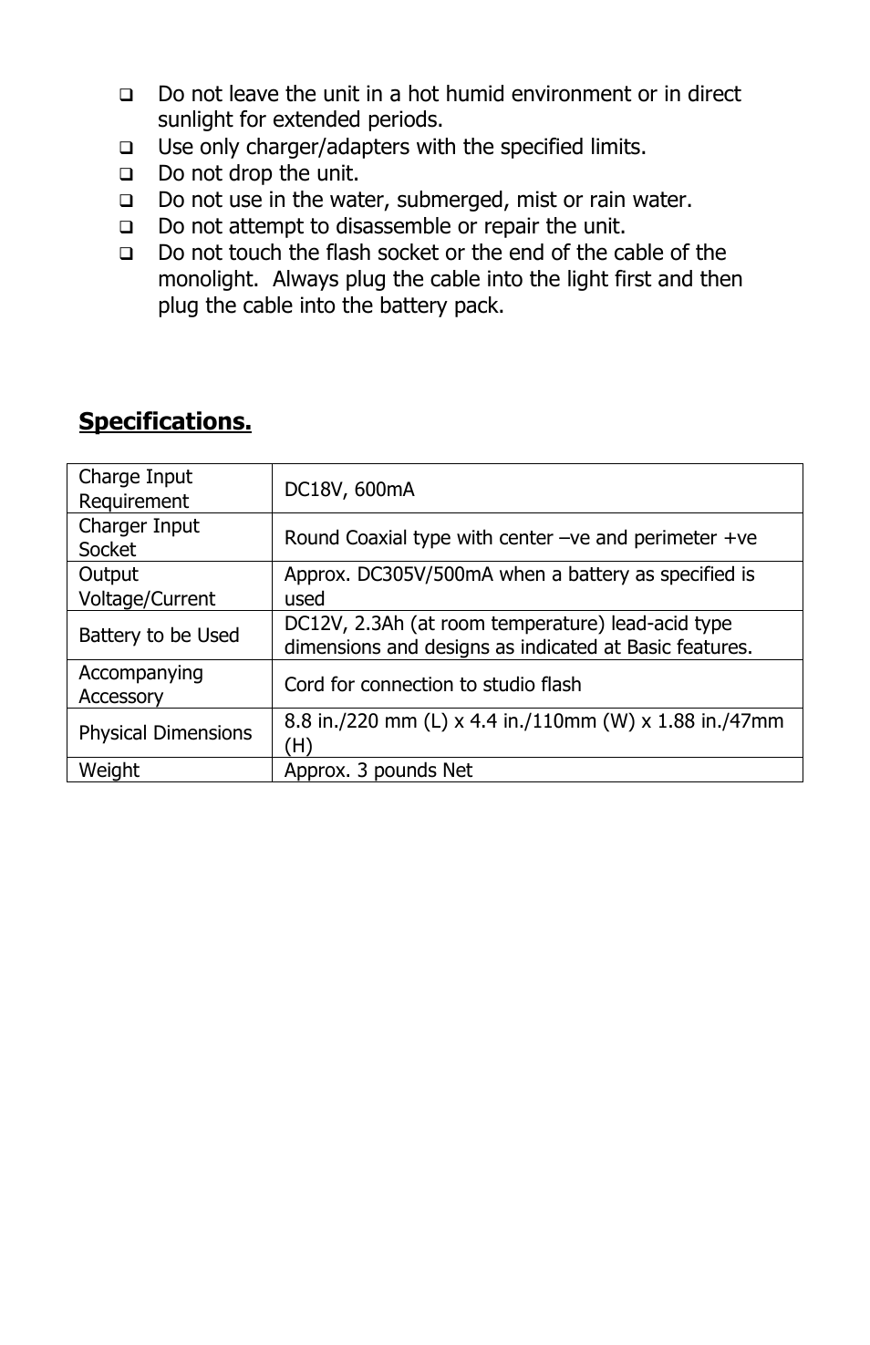 Specifications | Photogenic Professional Lighting AKB-1 Battery User Manual | Page 6 / 6