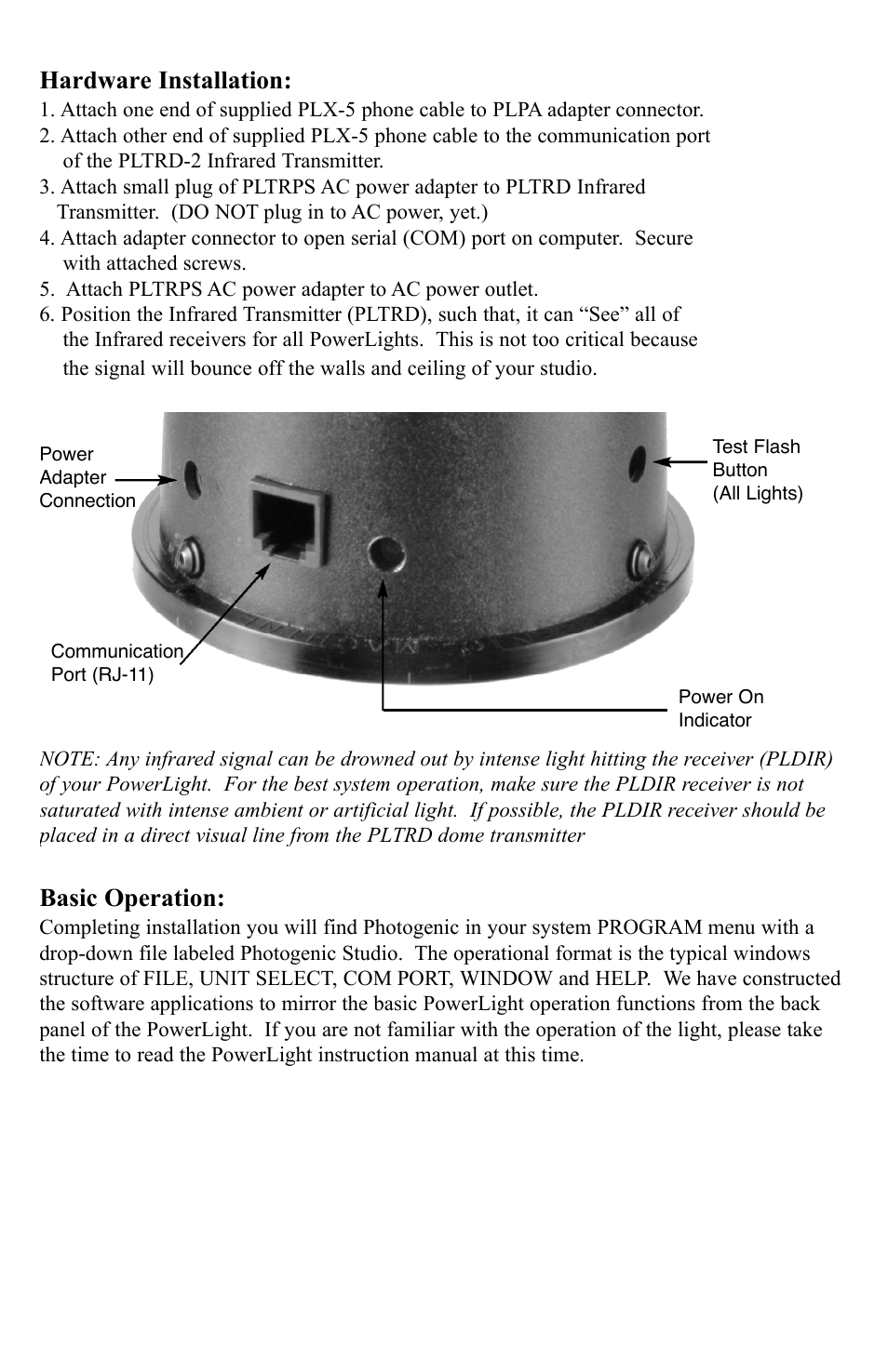 Hardware installation, Basic operation | Photogenic Professional Lighting PLCPTR II User Manual | Page 3 / 12