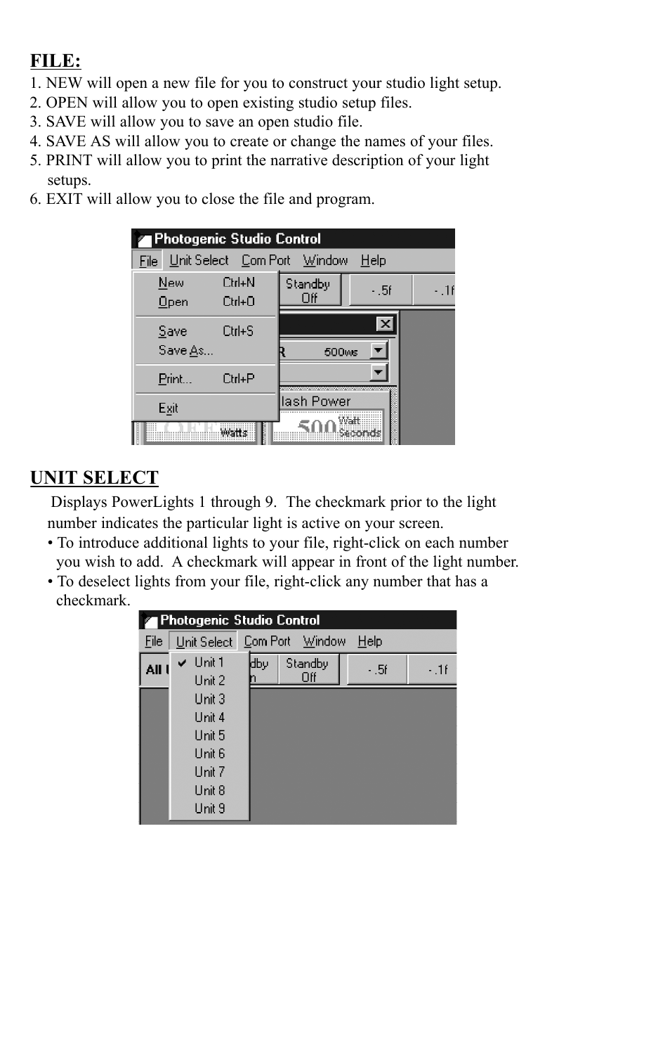 File, Unit select | Photogenic Professional Lighting PLCPTR II User Manual | Page 4 / 12