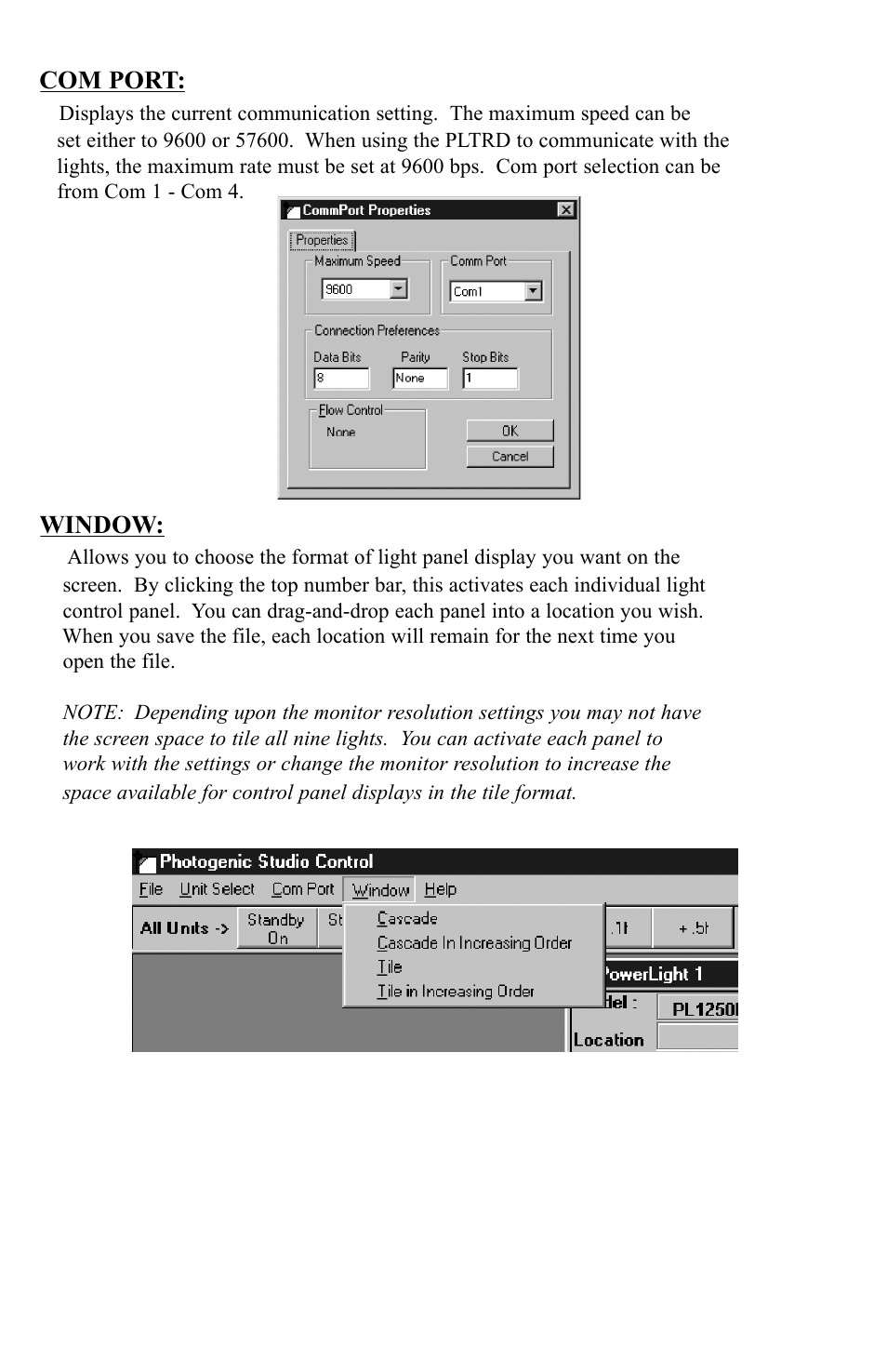 Com port, Window | Photogenic Professional Lighting PLCPTR II User Manual | Page 5 / 12