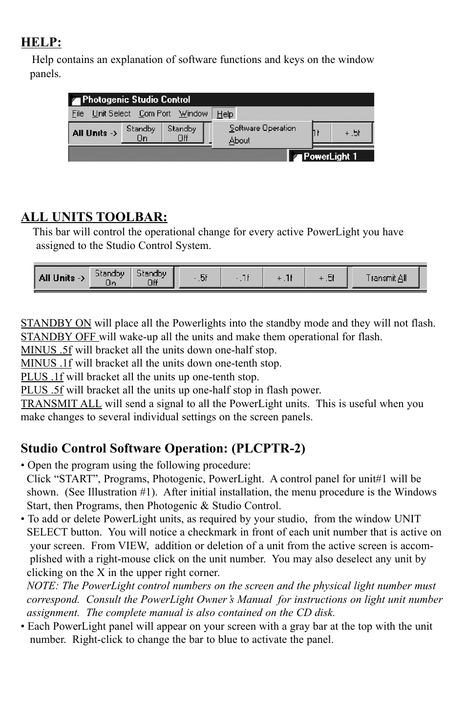 Help, All units toolbar, Studio control software operation: (plcptr-2) | Photogenic Professional Lighting PLCPTR II User Manual | Page 6 / 12