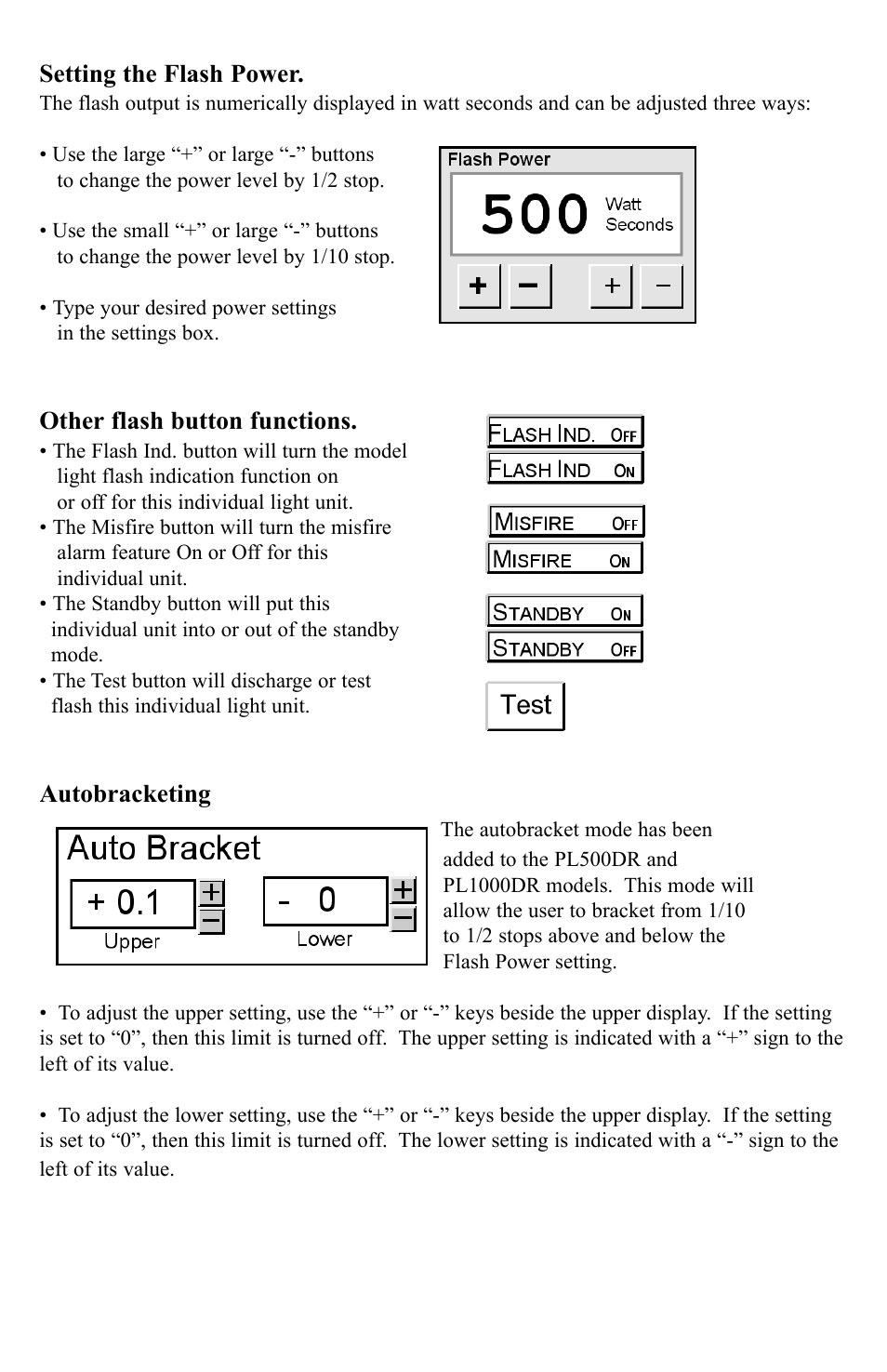 Setting the flash power, Other flash button functions, Autobracketing | Photogenic Professional Lighting PLCPTR II User Manual | Page 8 / 12