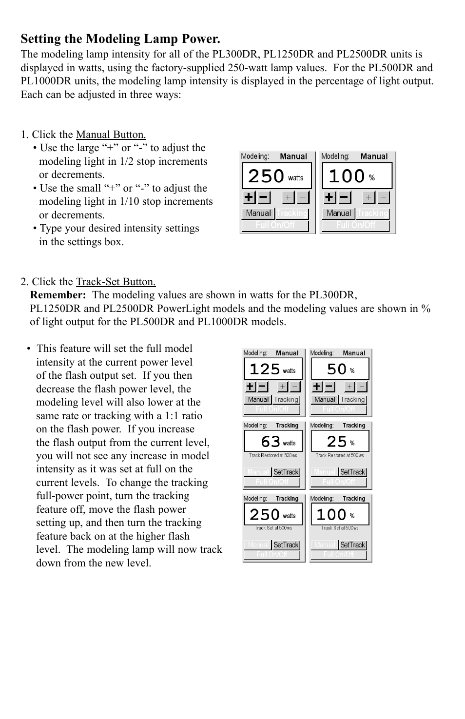 Setting the modeling lamp power | Photogenic Professional Lighting PLCPTR II User Manual | Page 9 / 12