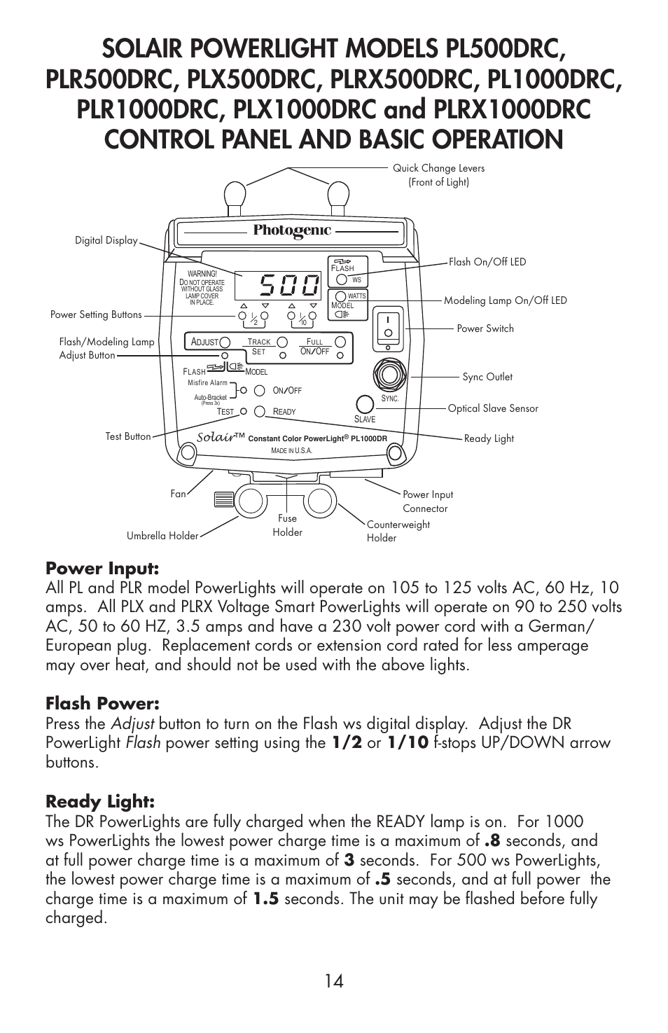 Power input, Flash power, Ready light | Photogenic Professional Lighting Powerlight Manual (various) User Manual | Page 14 / 28