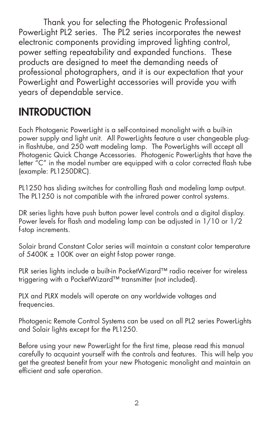 Introduction | Photogenic Professional Lighting Powerlight Manual (various) User Manual | Page 2 / 28