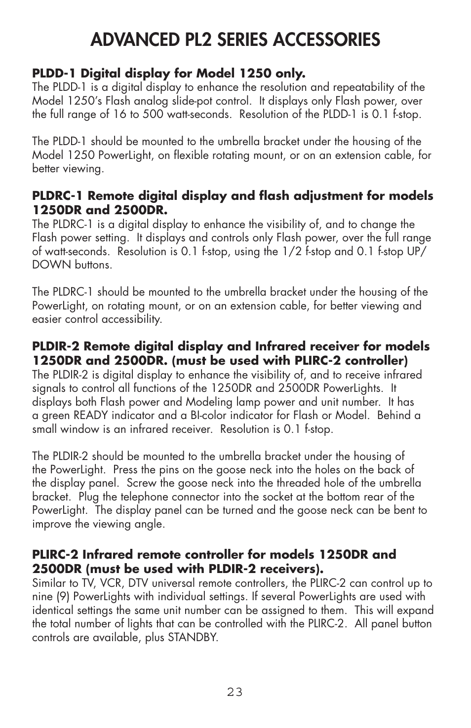 Advanced pl2 series accessories | Photogenic Professional Lighting Powerlight Manual (various) User Manual | Page 23 / 28