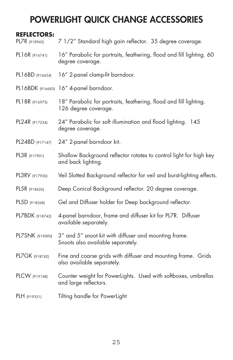 Powerlight quick change accessories | Photogenic Professional Lighting Powerlight Manual (various) User Manual | Page 25 / 28