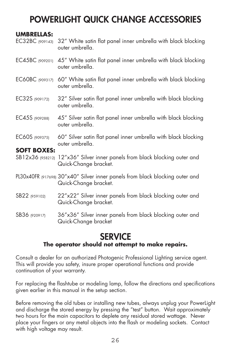 Powerlight quick change accessories, Service | Photogenic Professional Lighting Powerlight Manual (various) User Manual | Page 26 / 28