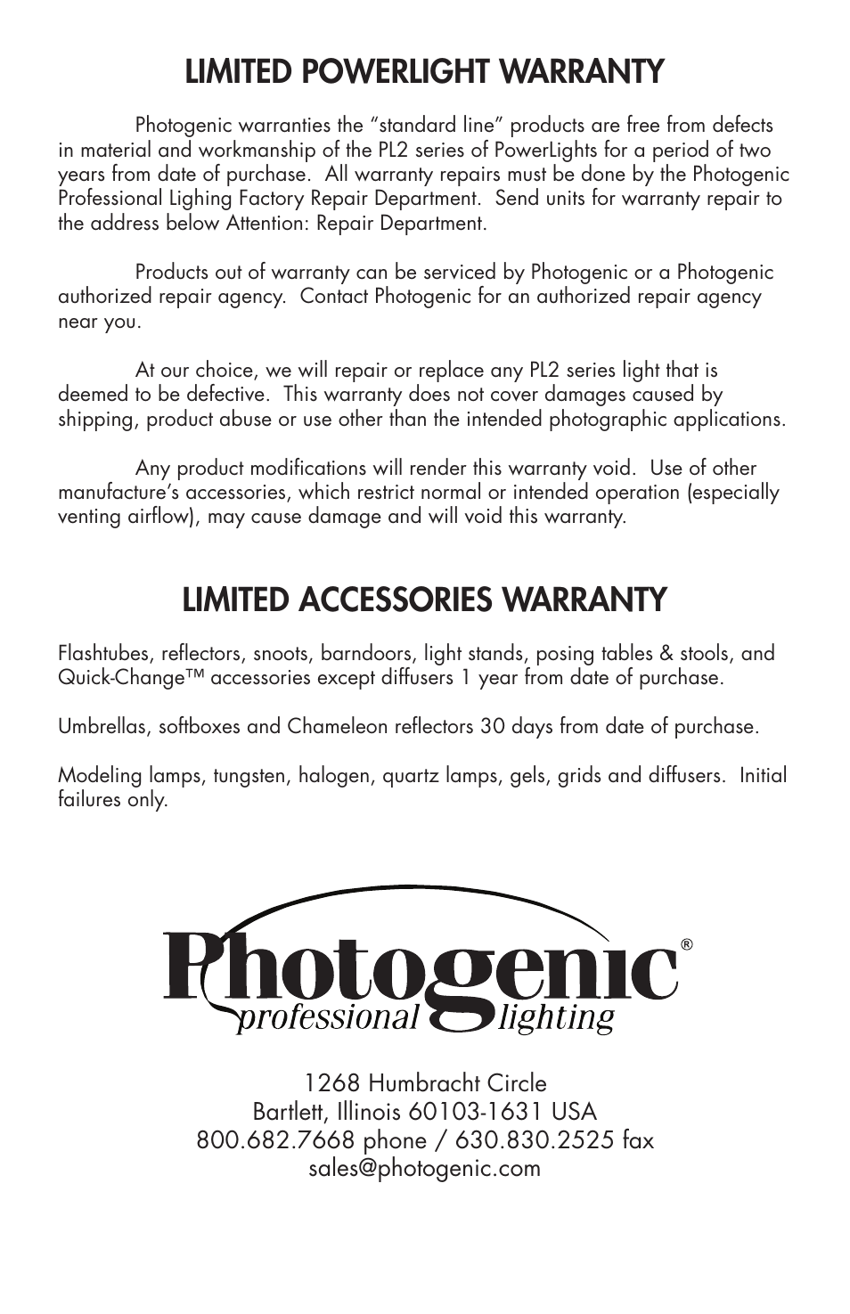 Limited powerlight warranty, Limited accessories warranty | Photogenic Professional Lighting Powerlight Manual (various) User Manual | Page 28 / 28