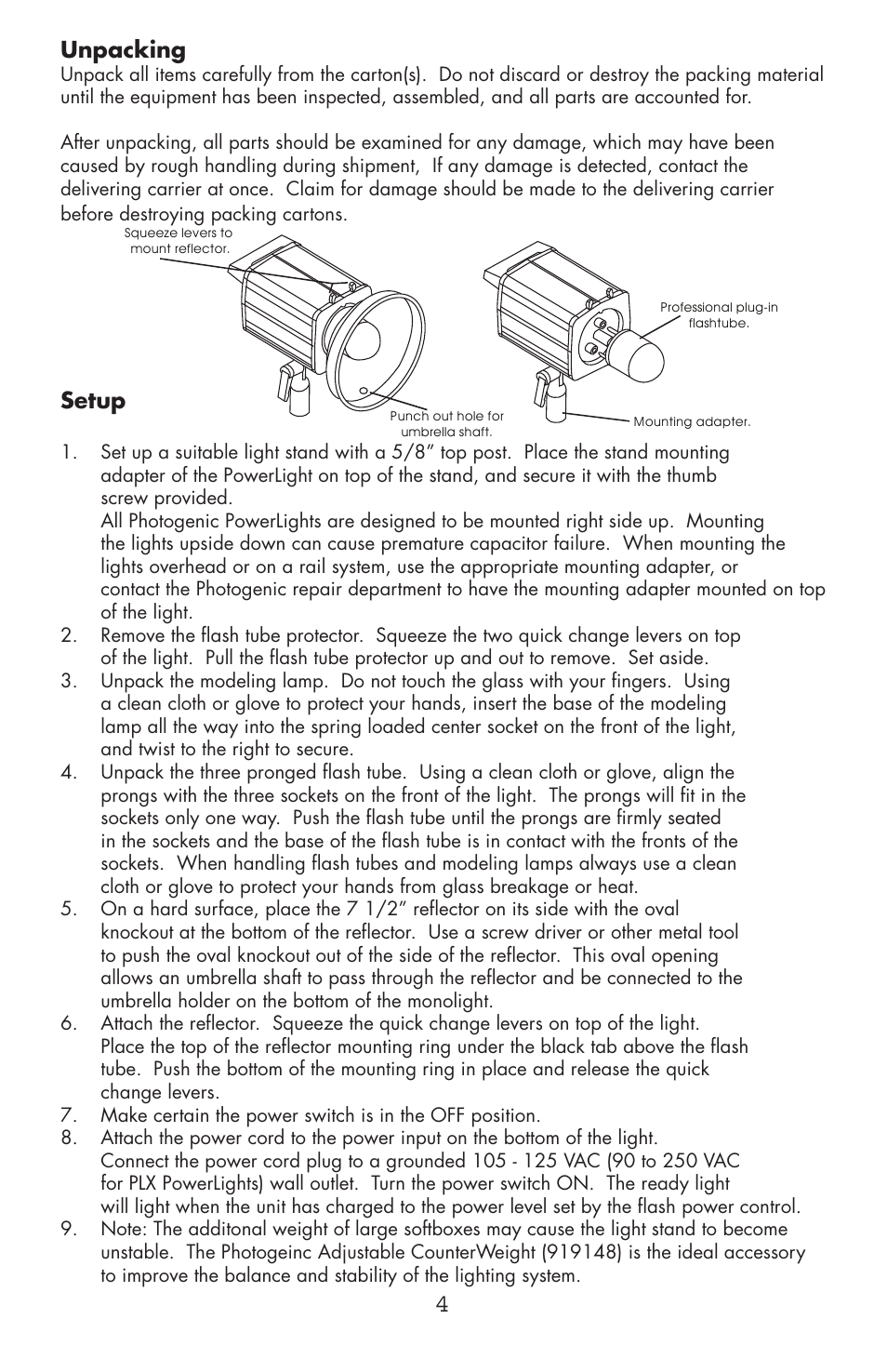 Unpacking, Setup | Photogenic Professional Lighting Powerlight Manual (various) User Manual | Page 4 / 28