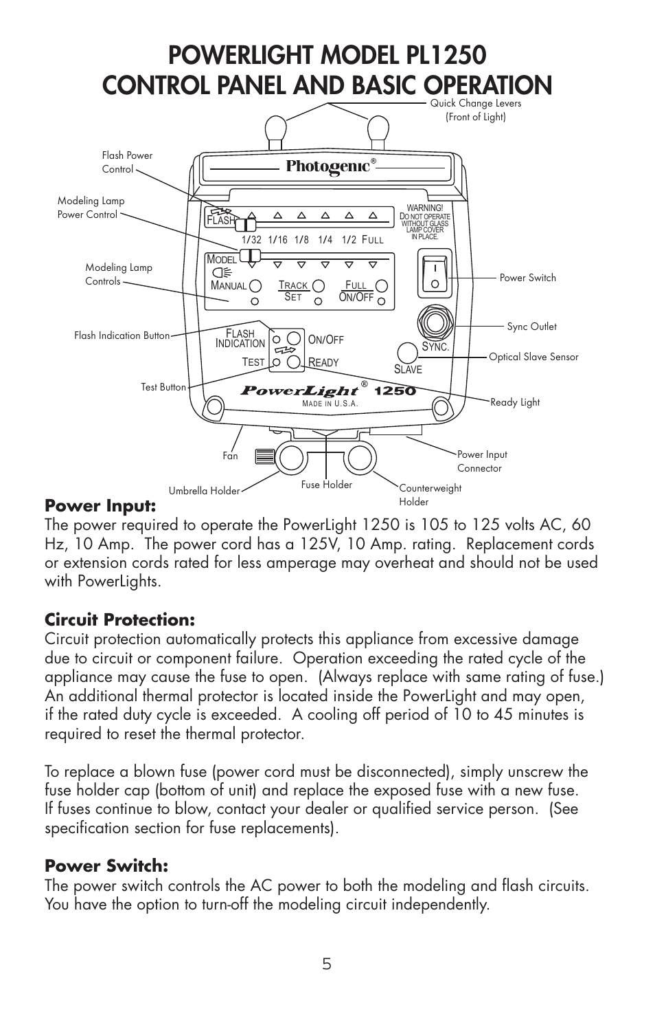 Power input, Circuit protection, Power switch | Photogenic Professional Lighting Powerlight Manual (various) User Manual | Page 5 / 28