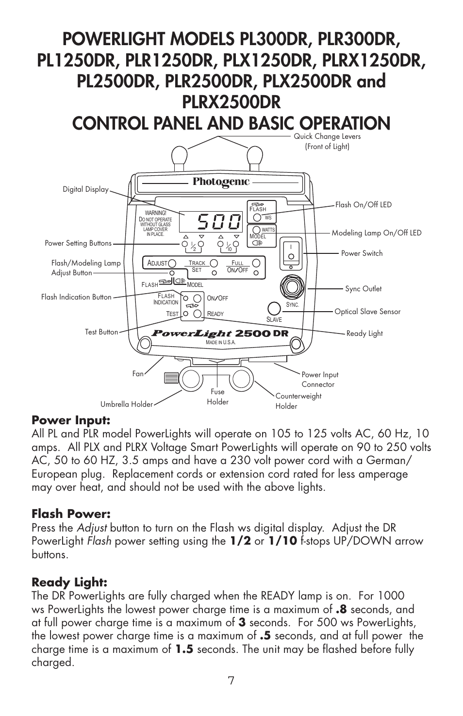 Power input, Flash power, Ready light | Photogenic Professional Lighting Powerlight Manual (various) User Manual | Page 7 / 28