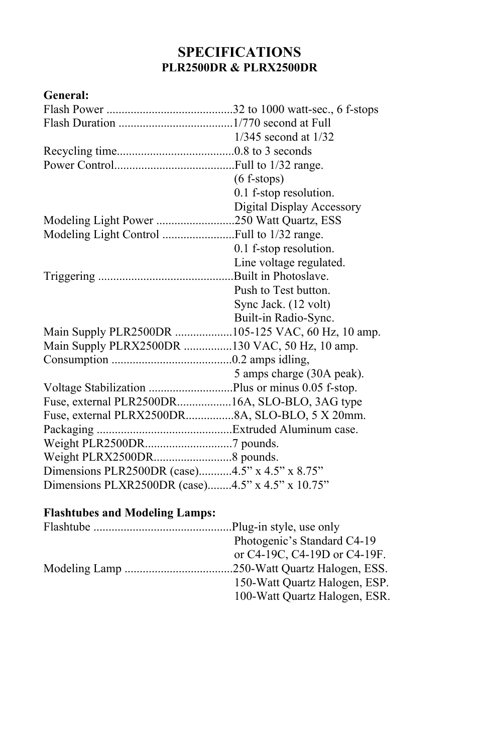 Specifications | Photogenic Professional Lighting Radio Sync PowerLight User Manual | Page 11 / 19
