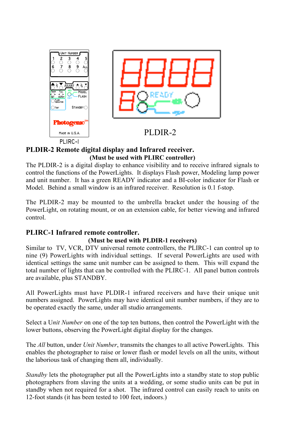 Pldir-2, Plirc-1 infrared remote controller | Photogenic Professional Lighting Radio Sync PowerLight User Manual | Page 13 / 19