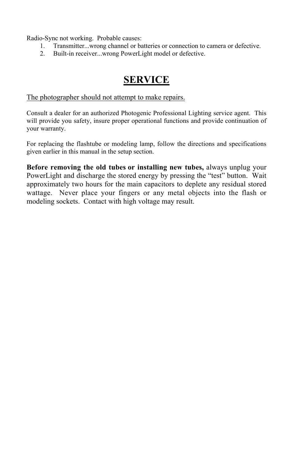 Service | Photogenic Professional Lighting Radio Sync PowerLight User Manual | Page 17 / 19