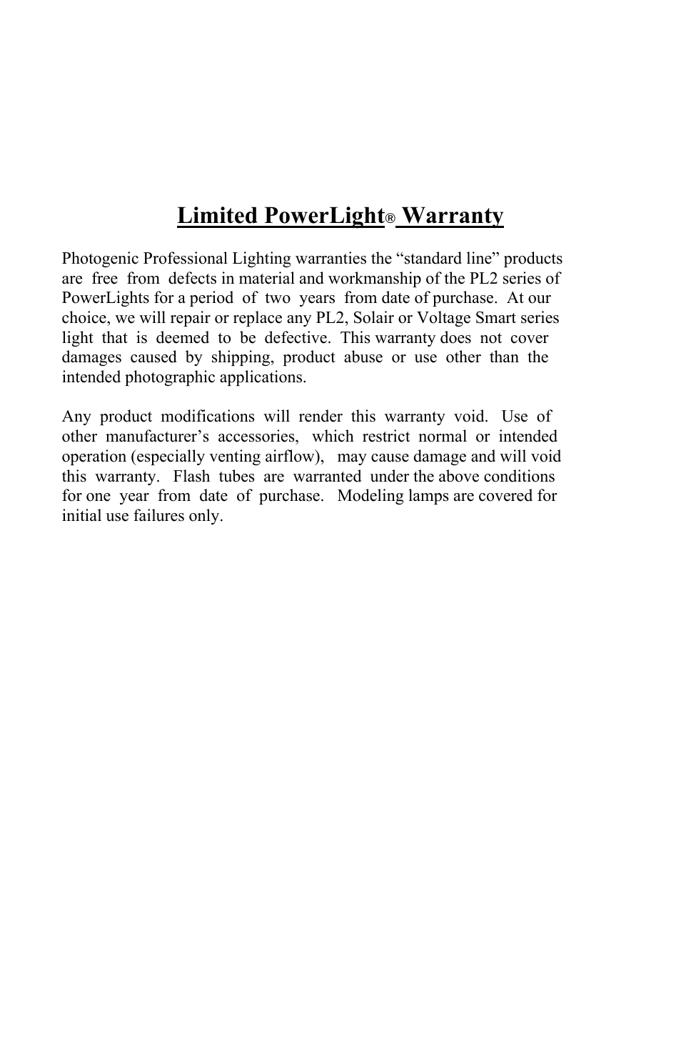 Limited powerlight, Warranty | Photogenic Professional Lighting Radio Sync PowerLight User Manual | Page 18 / 19