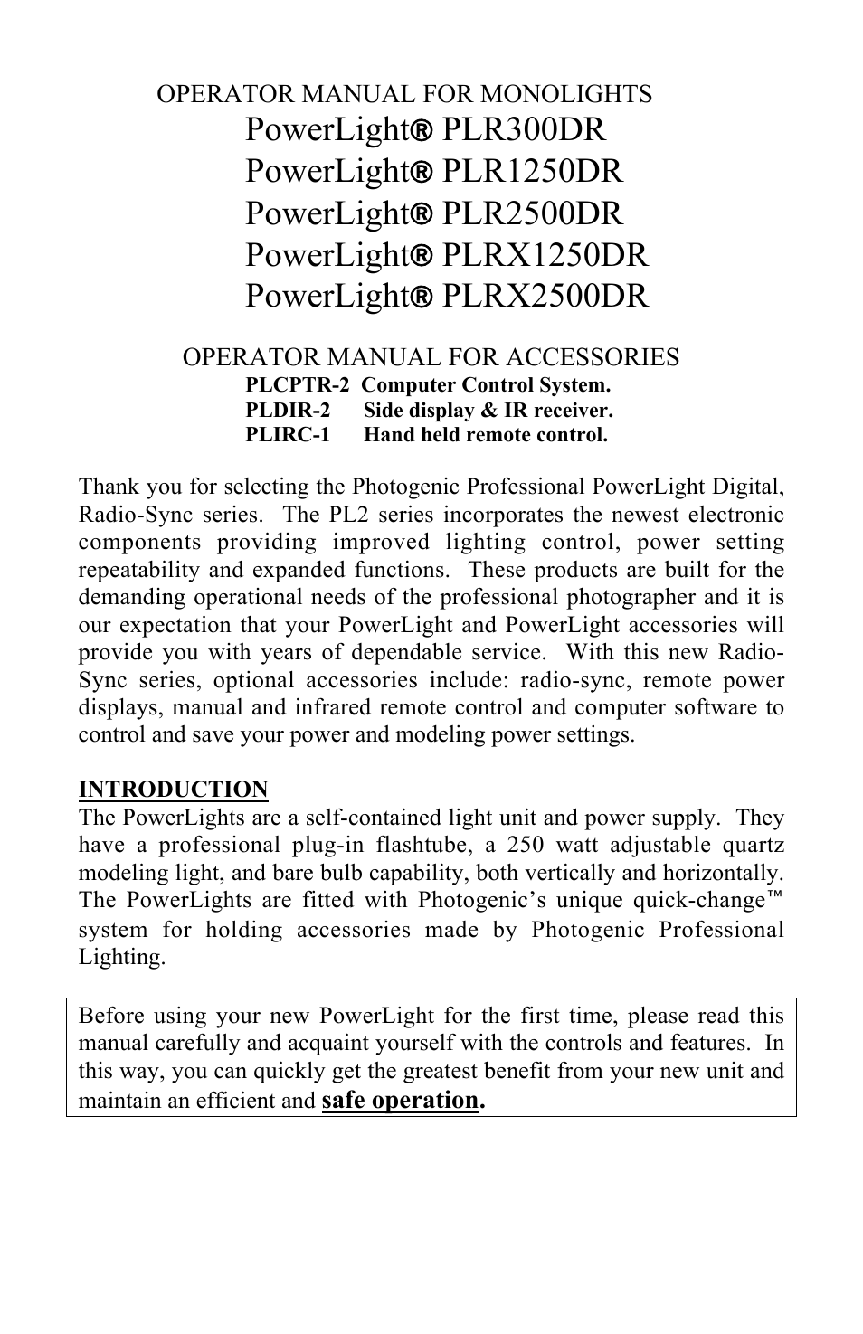 Powerlight, Plr300dr powerlight, Plr1250dr powerlight | Plr2500dr powerlight, Plrx1250dr powerlight, Plrx2500dr | Photogenic Professional Lighting Radio Sync PowerLight User Manual | Page 2 / 19