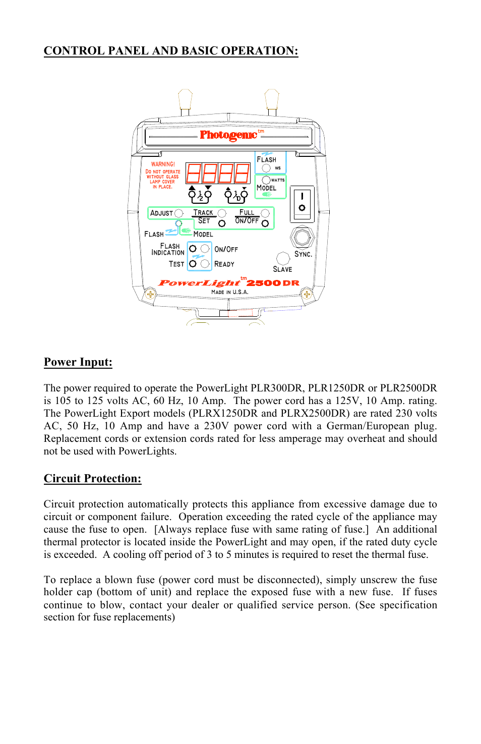 5control panel and basic operation: power input, Circuit protection | Photogenic Professional Lighting Radio Sync PowerLight User Manual | Page 5 / 19