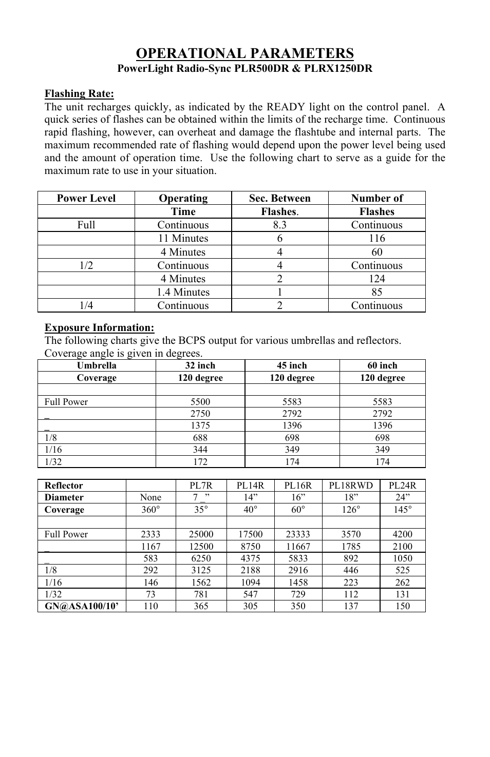 Operational parameters | Photogenic Professional Lighting Radio Sync PowerLight User Manual | Page 8 / 19